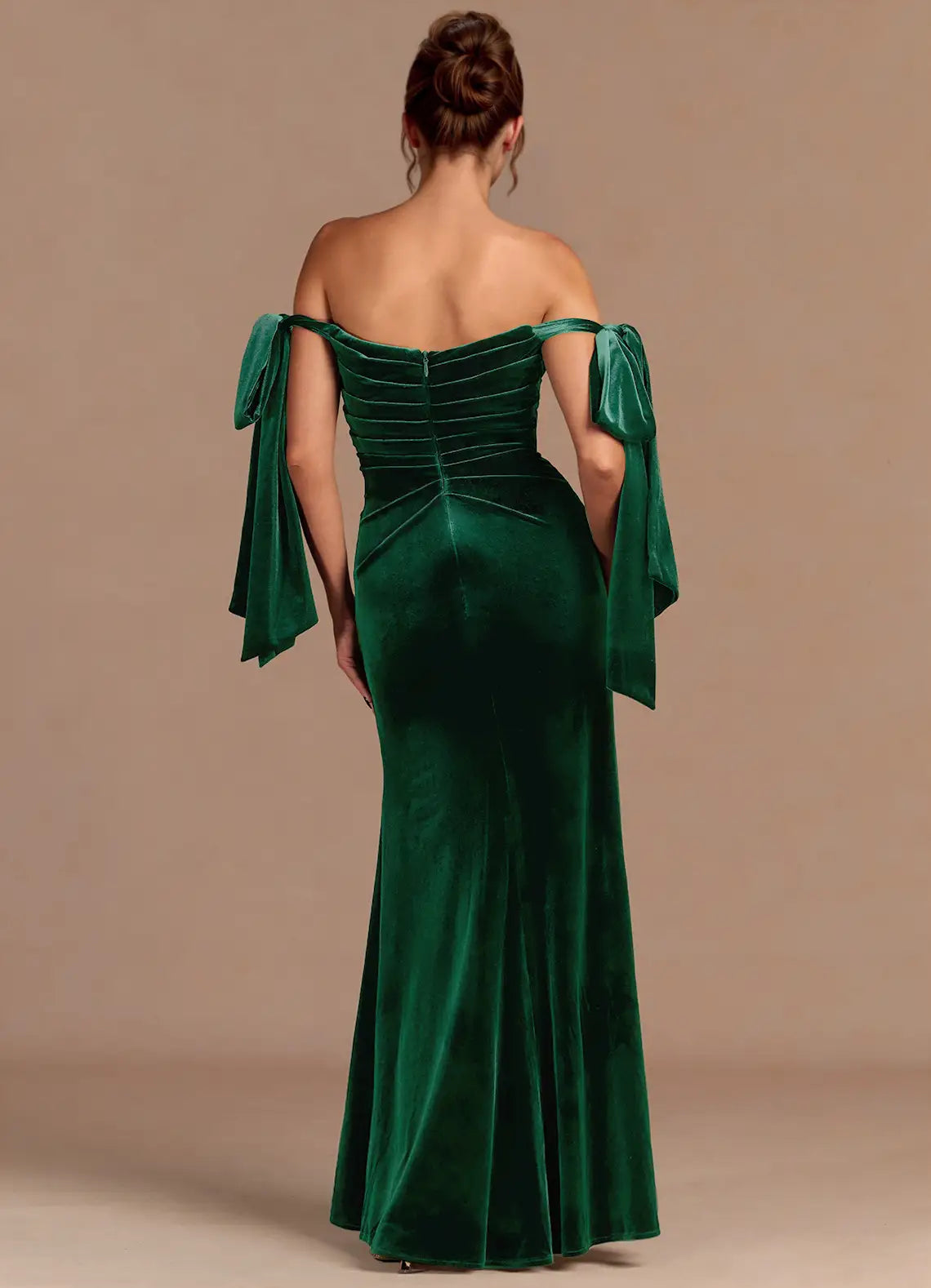 Lustrous Mermaid Off the Shoulder Bow Accent Sleeveless Ruched Back Floor Length Female Prom Dress