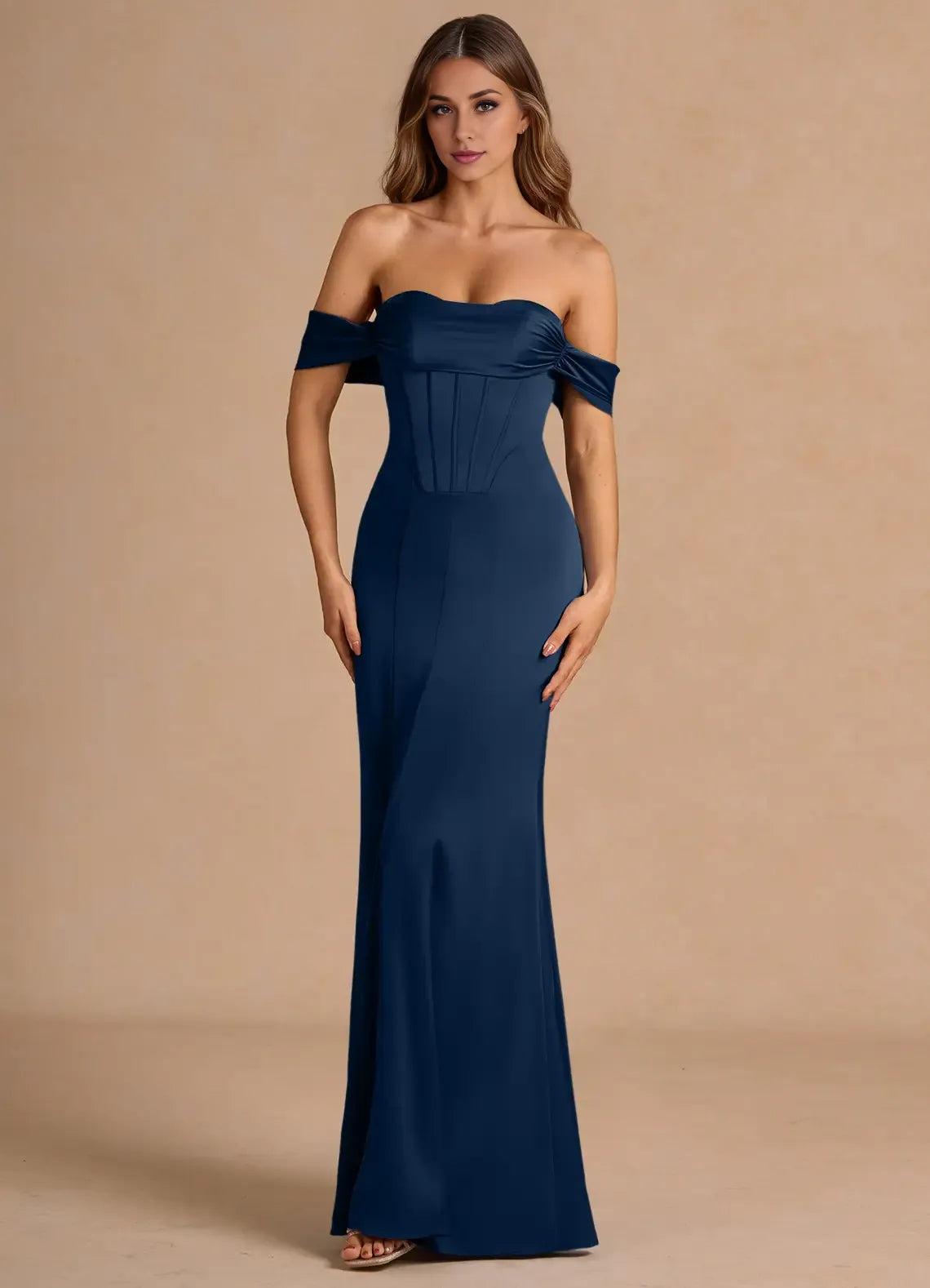 Lustrous Mermaid Off the Shoulder Short Sleeve Open Back Floor Length Female Prom Dress