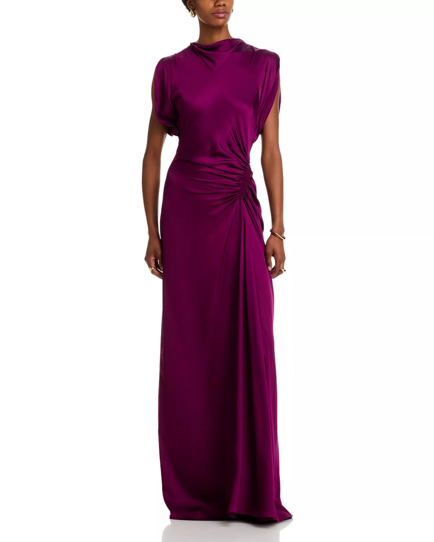 Lustrous Sheath Mock Neck Cap Sleeve Ruched Back Floor Length For Adults Prom Dress