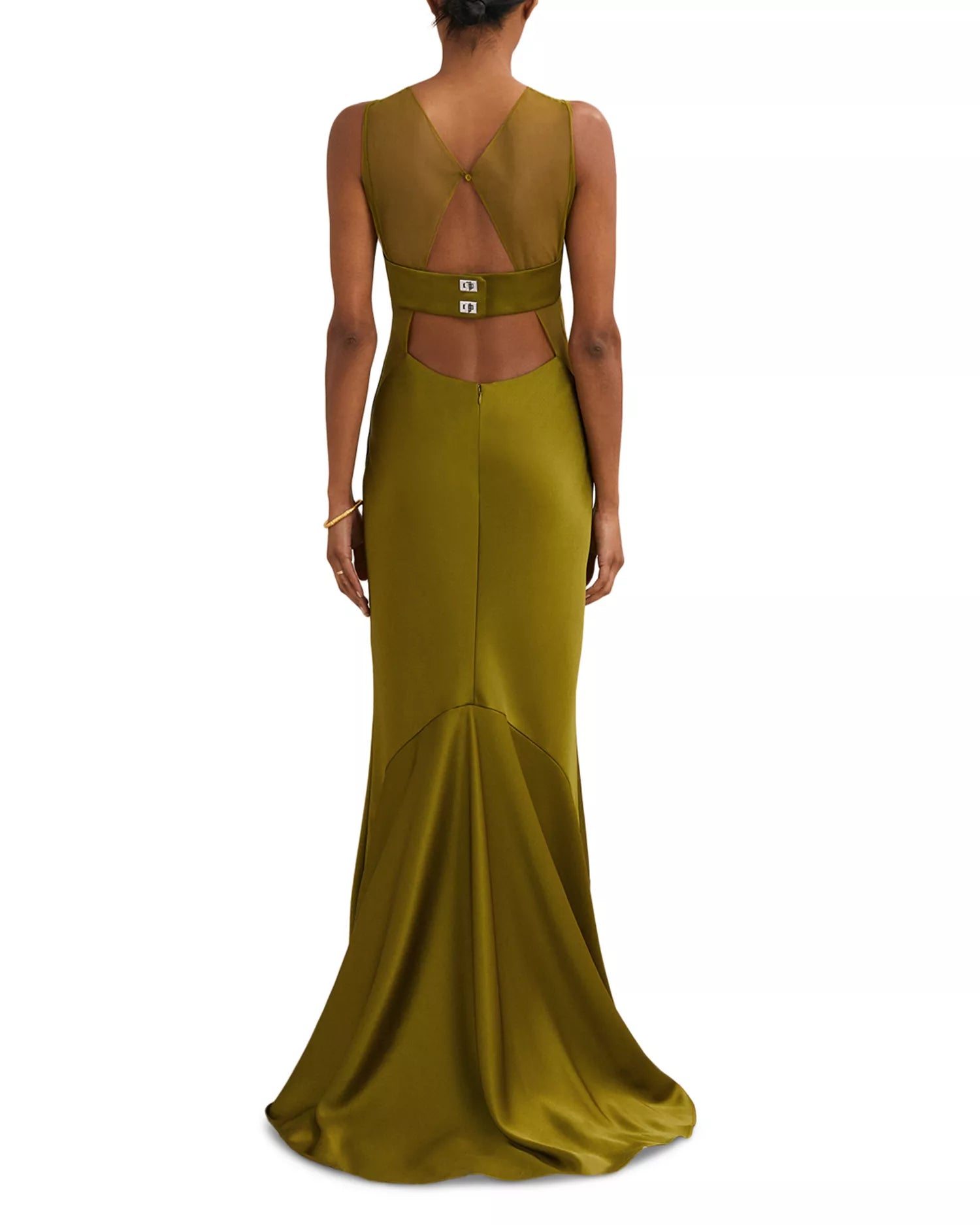 Lustrous Trumpet High Neck Sleeveless Cut Out Back Train Length For Women Prom Dress ﻿