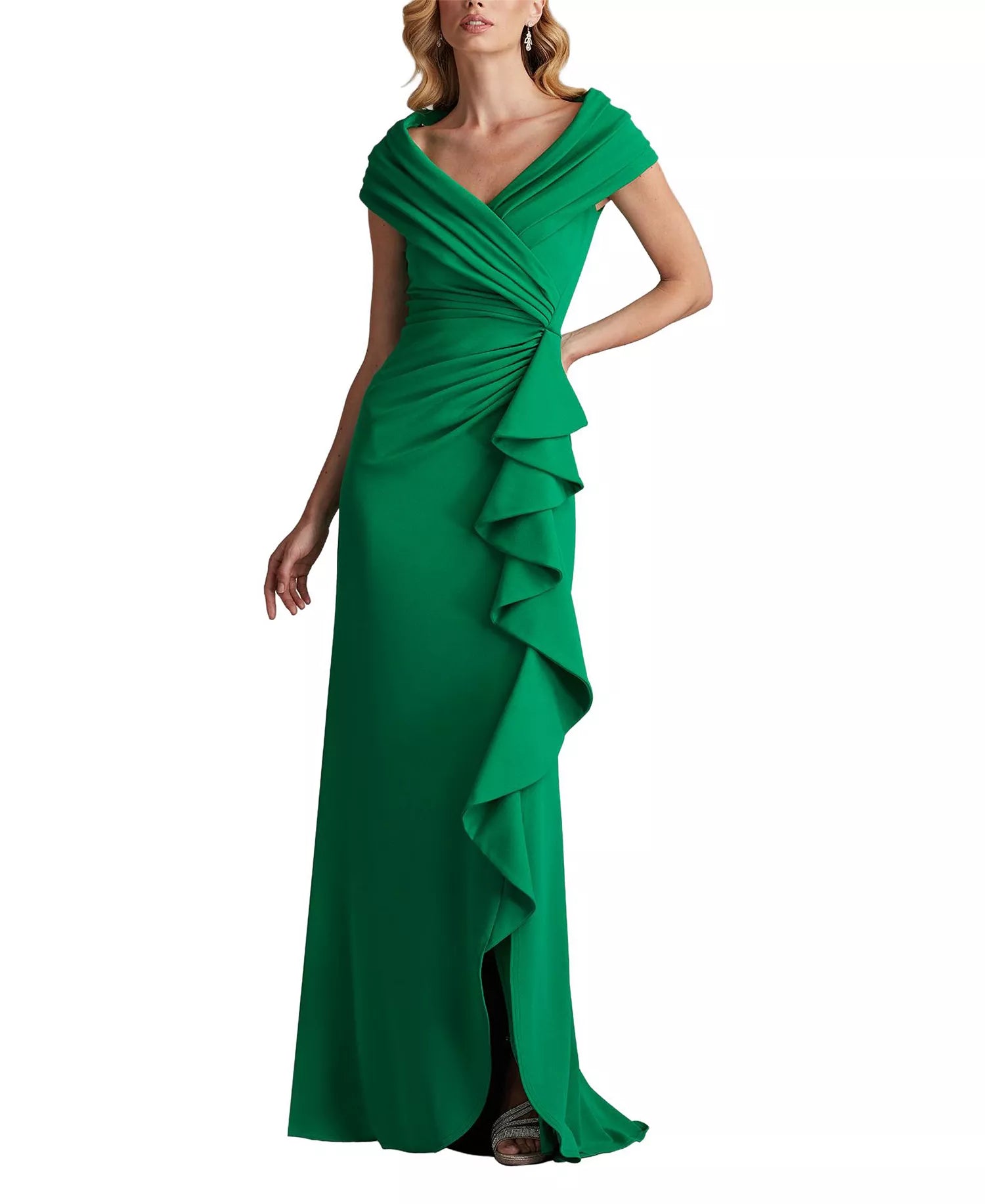 Lustrous Trumpet Wrap Neck Short Sleeve Open Back Floor Length Hot Sale Prom Dress