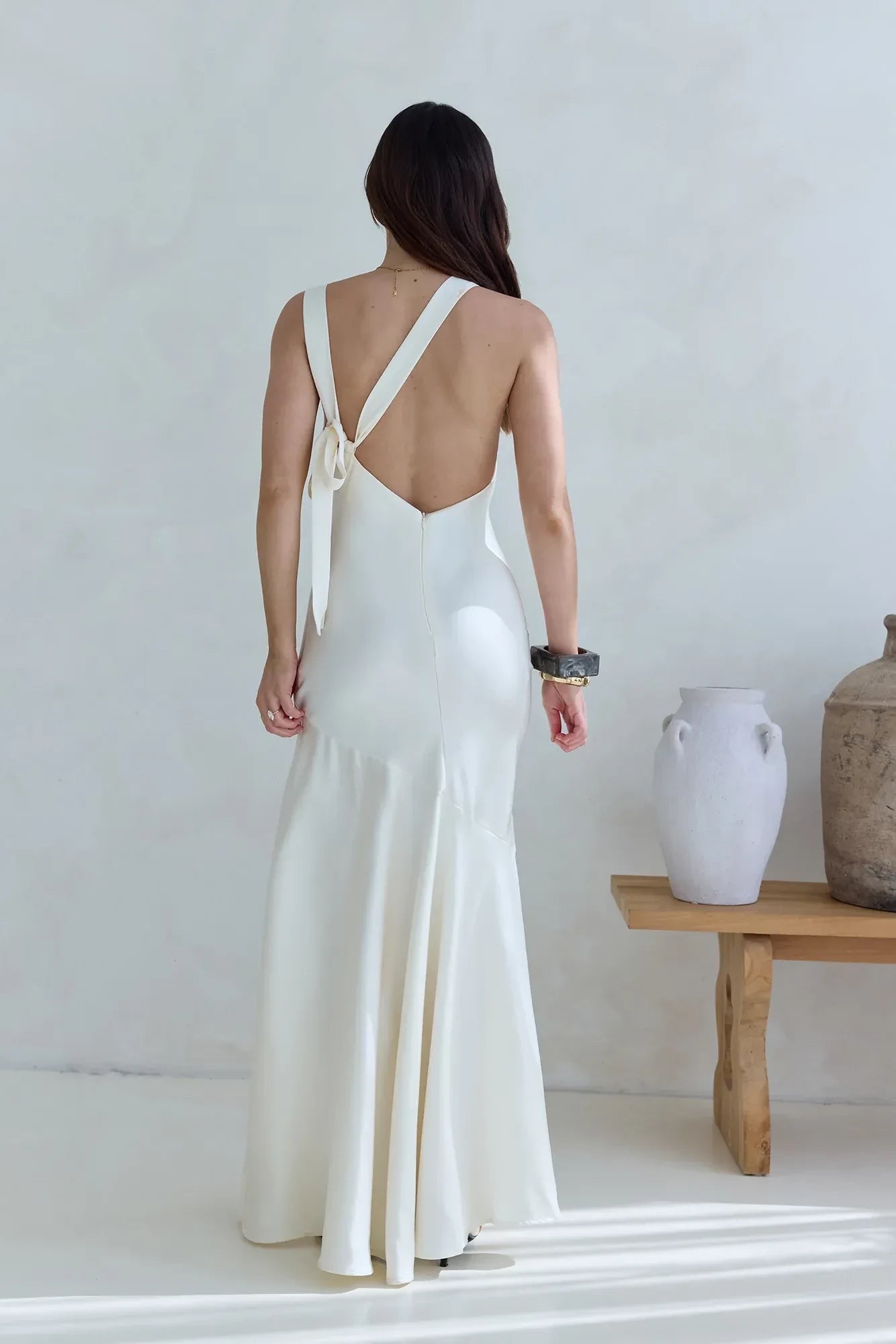 Luxe Mermaid Boat Neck Sleeveless Tie Back Asymmetric Floor Length Prom Dress