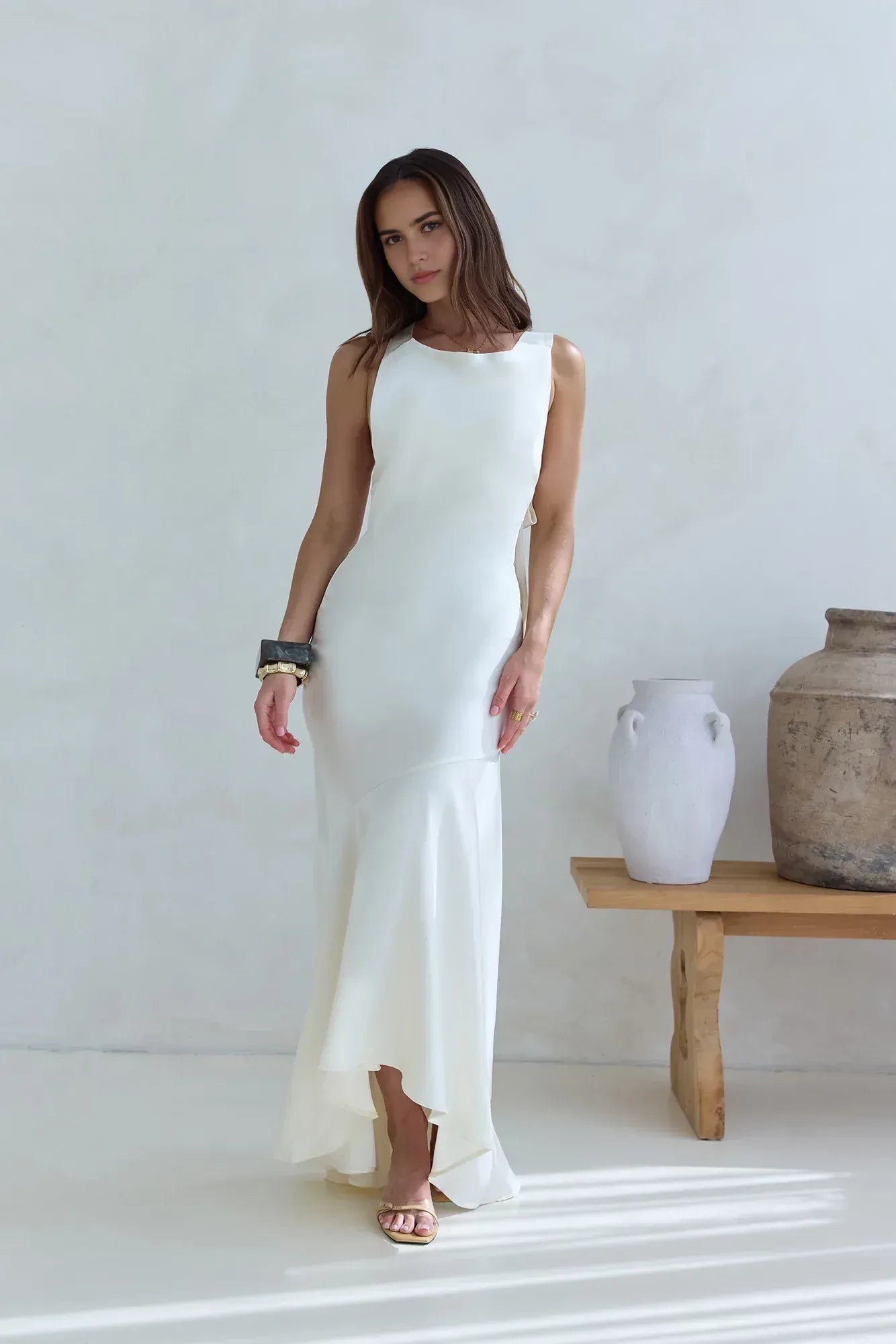 Luxe Mermaid Boat Neck Sleeveless Tie Back Asymmetric Floor Length Prom Dress