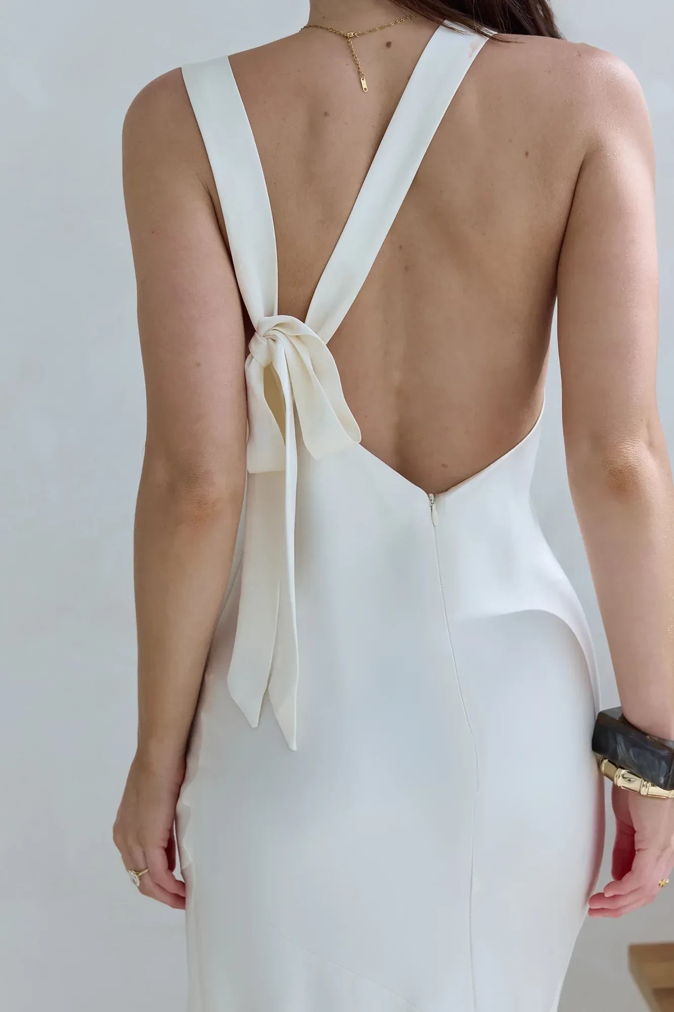 Luxe Mermaid Boat Neck Sleeveless Tie Back Asymmetric Floor Length Prom Dress