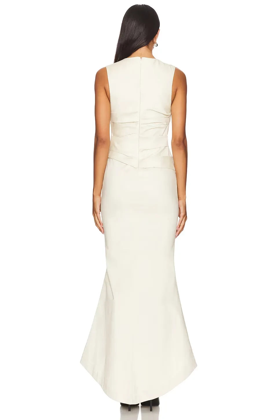 Luxe Mermaid Crew Neck Sleeveless Ruched Back High Low Floor Length Prom Dress