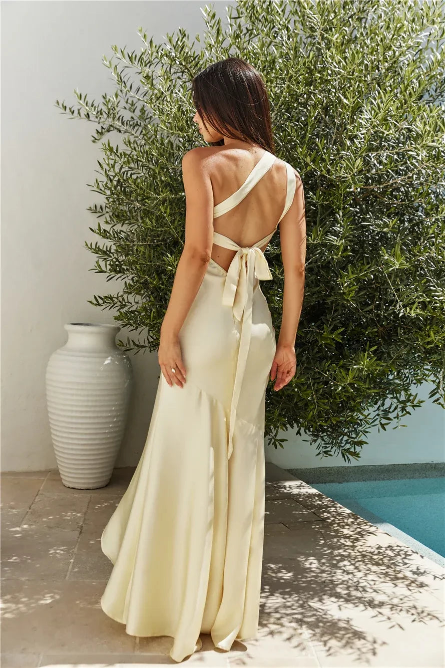 Luxe Mermaid One Shoulder Sleeveless Tie Back Asymmetric Floor Length Prom Dress