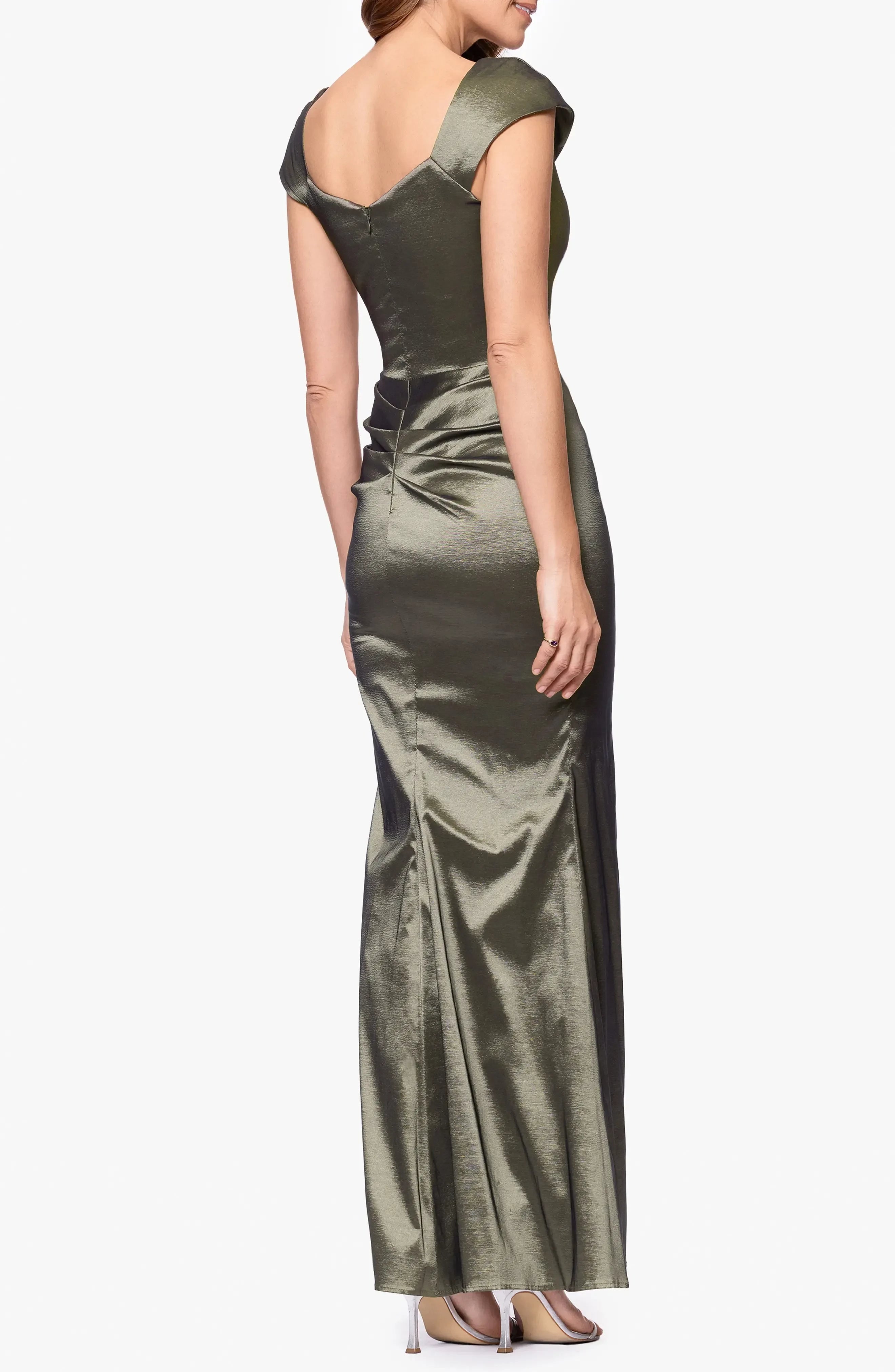 Luxe Sheath Asymmetric Neck Cap Sleeve Ruched Back Floor Length Evening Dress
