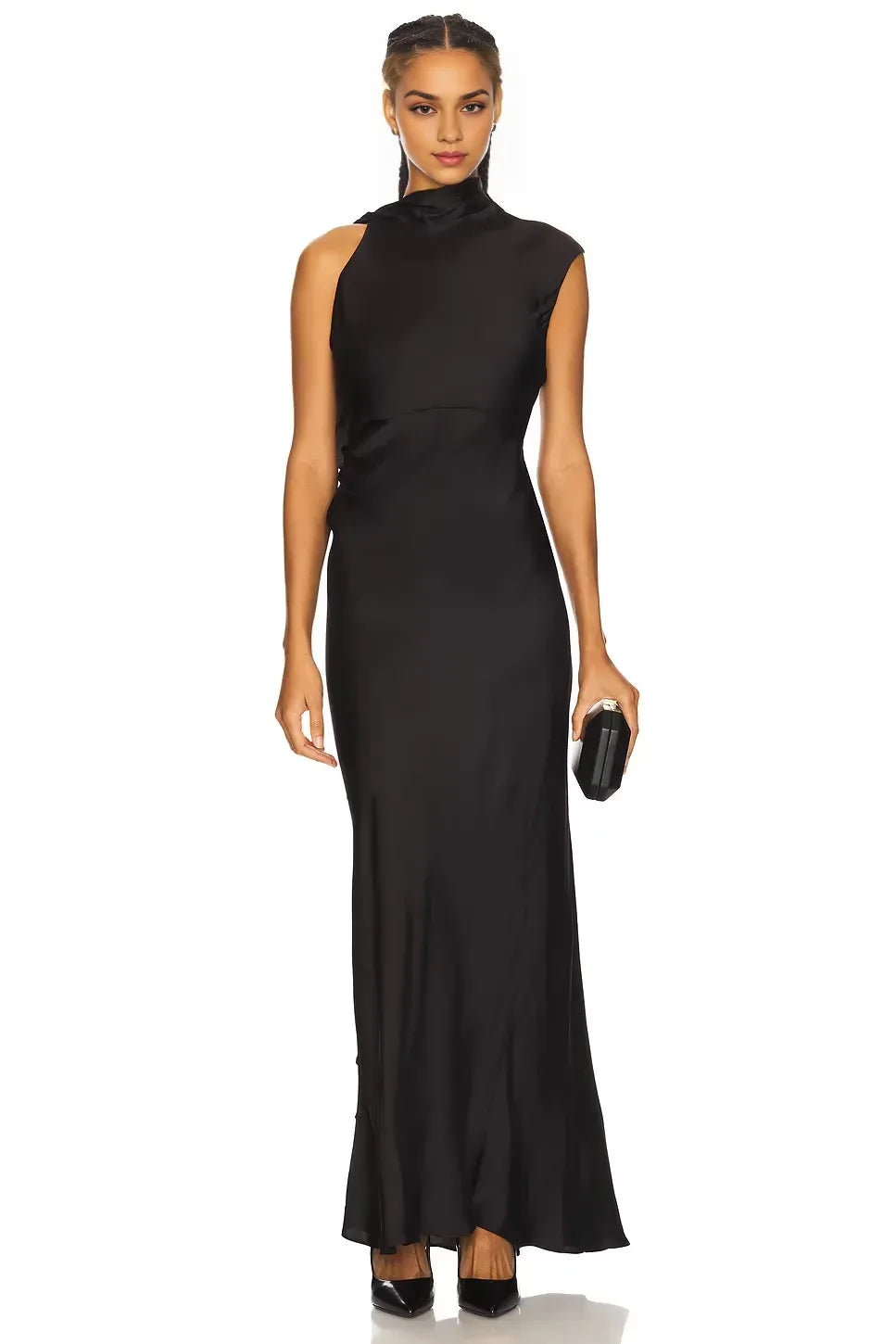 Luxe Sheath Asymmetric Neck One Sleeve Draped Back Floor Length Prom Dress