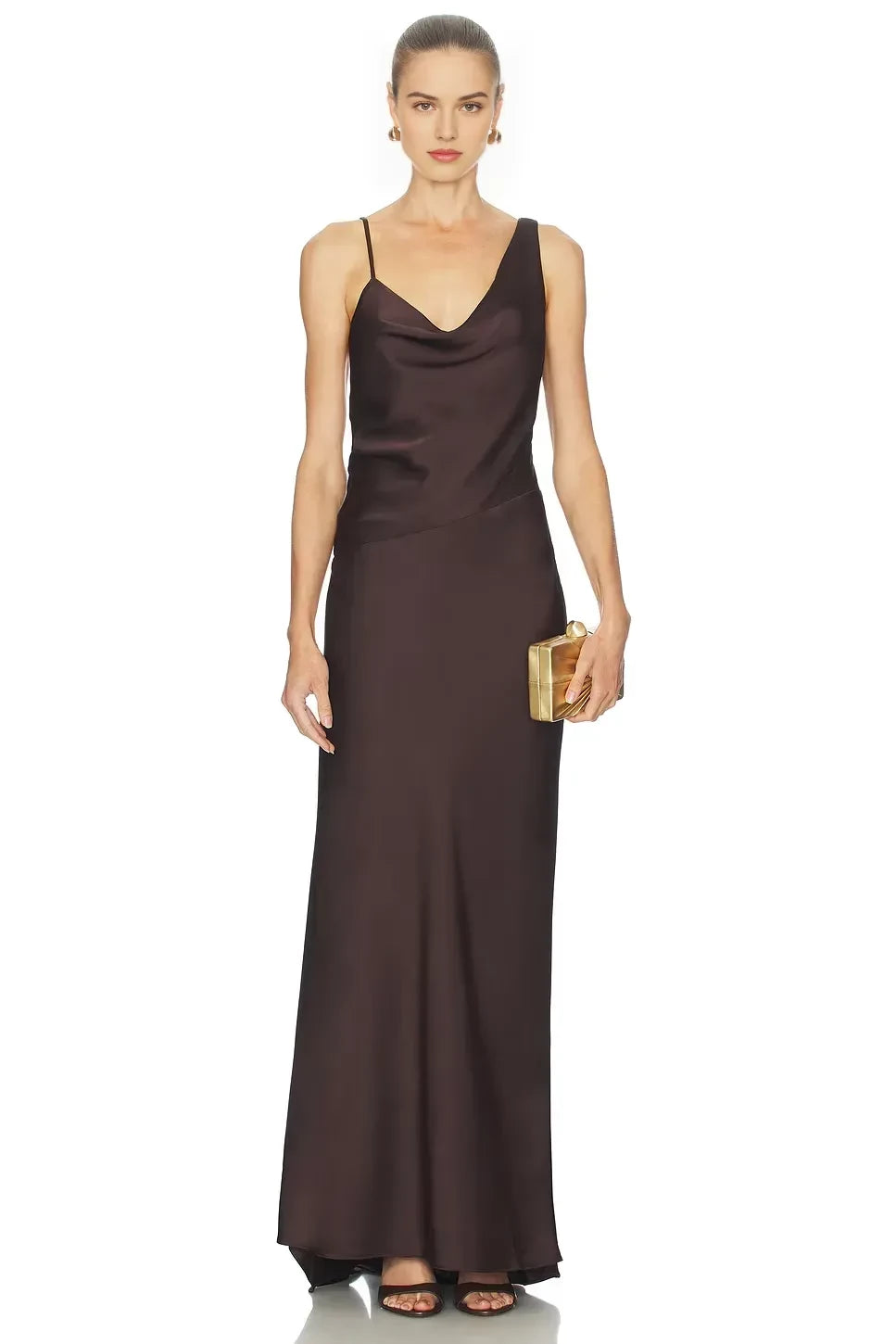 Luxe Sheath Asymmetric Strap Cowl Neck Open Back Floor Length Evening Dress