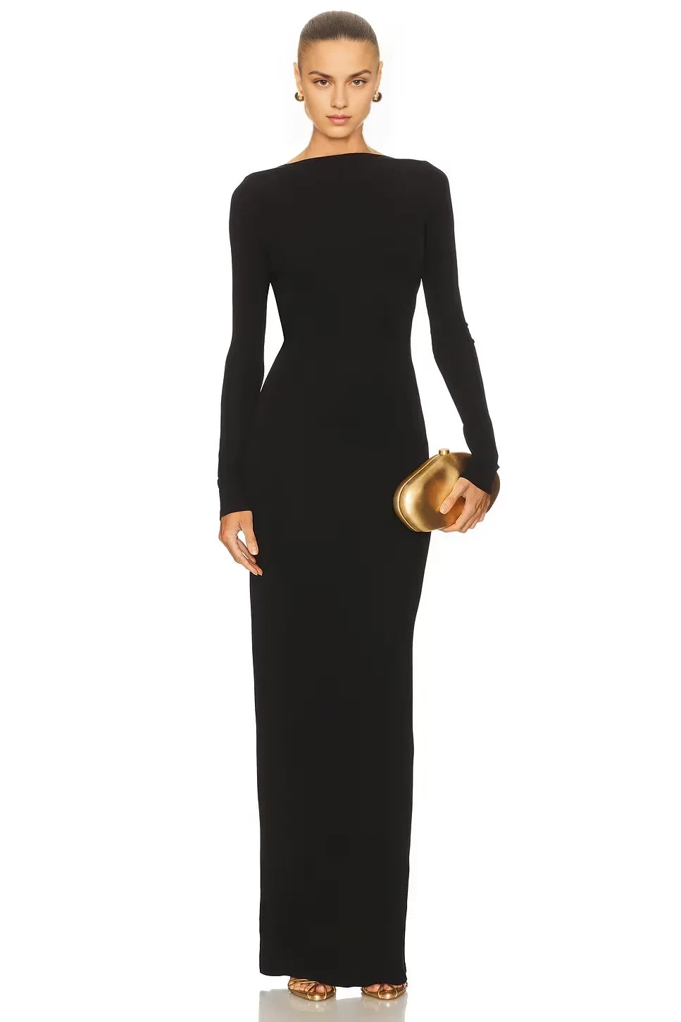 Luxe Sheath Boat Neck Long Sleeve Chain Detail Floor Length Prom Dress