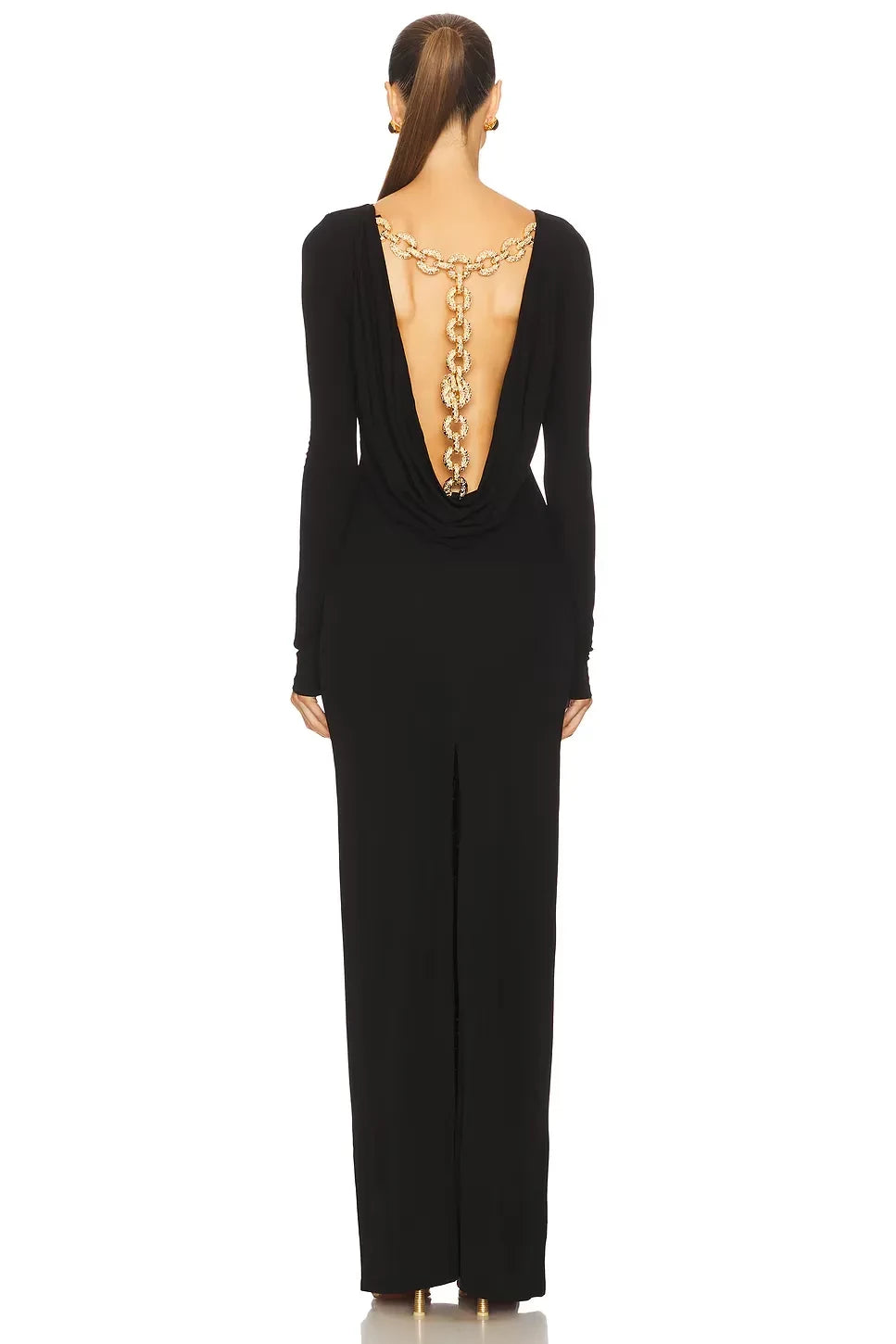 Luxe Sheath Boat Neck Long Sleeve Chain Detail Floor Length Prom Dress