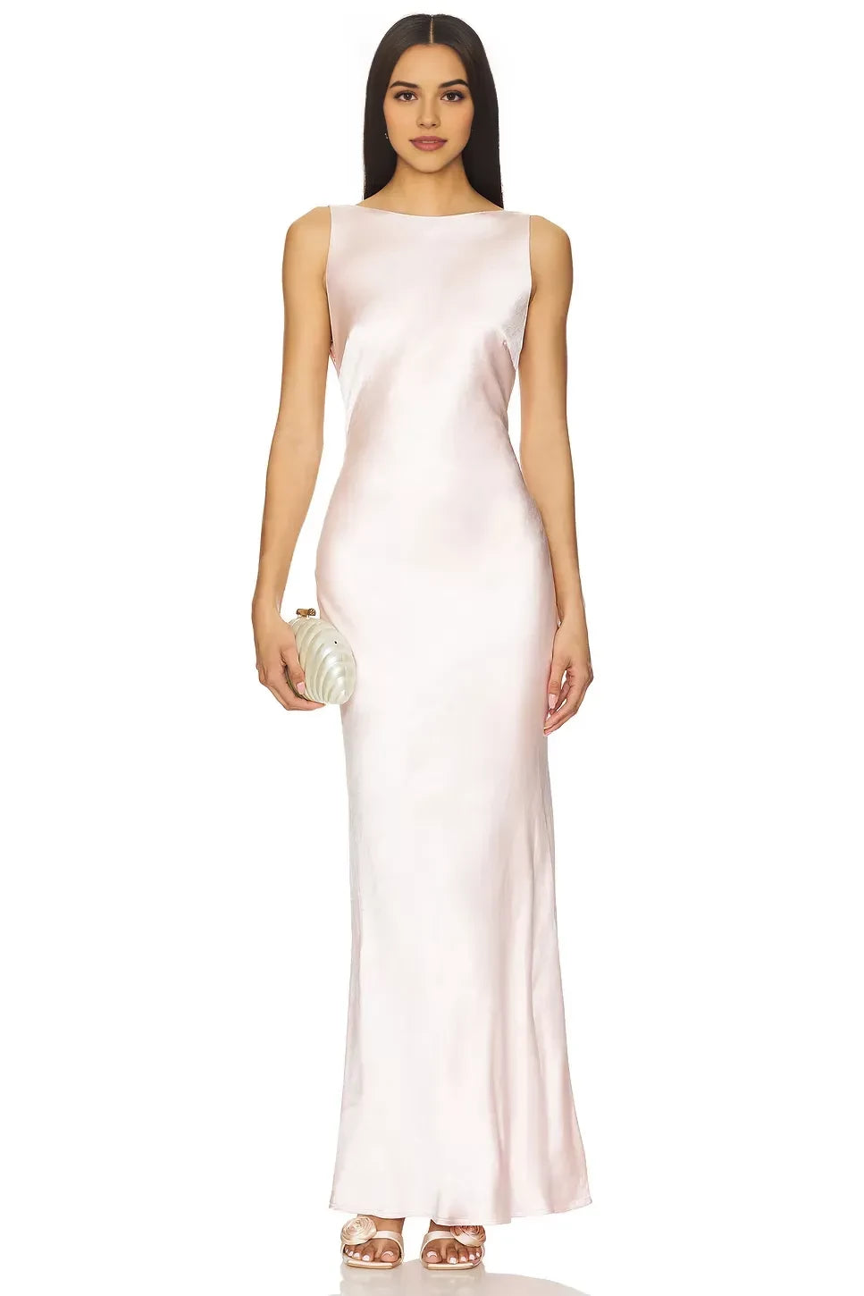 Luxe Sheath Boat Neck Sleeveless Draped Back Floor Length Evening Dress
