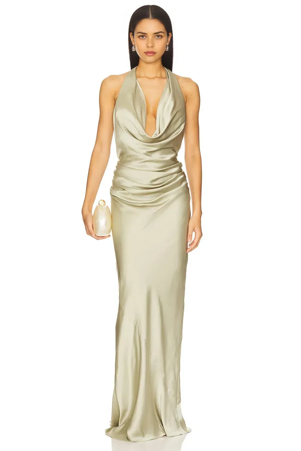 Luxe Sheath Cowl Halter Neck Sleeveless Open Back Floor Length Prom Dress