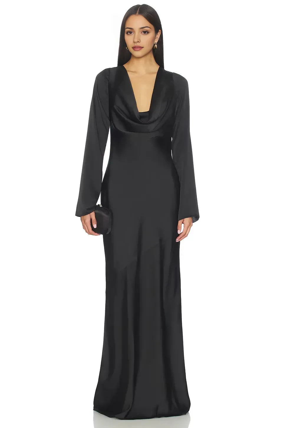 Luxe Sheath Cowl Neck Bell Sleeve Cutout Back Floor Length Evening Dress