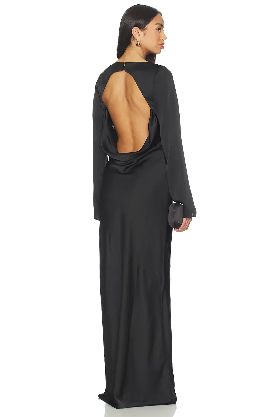 Luxe Sheath Cowl Neck Bell Sleeve Cutout Back Floor Length Evening Dress