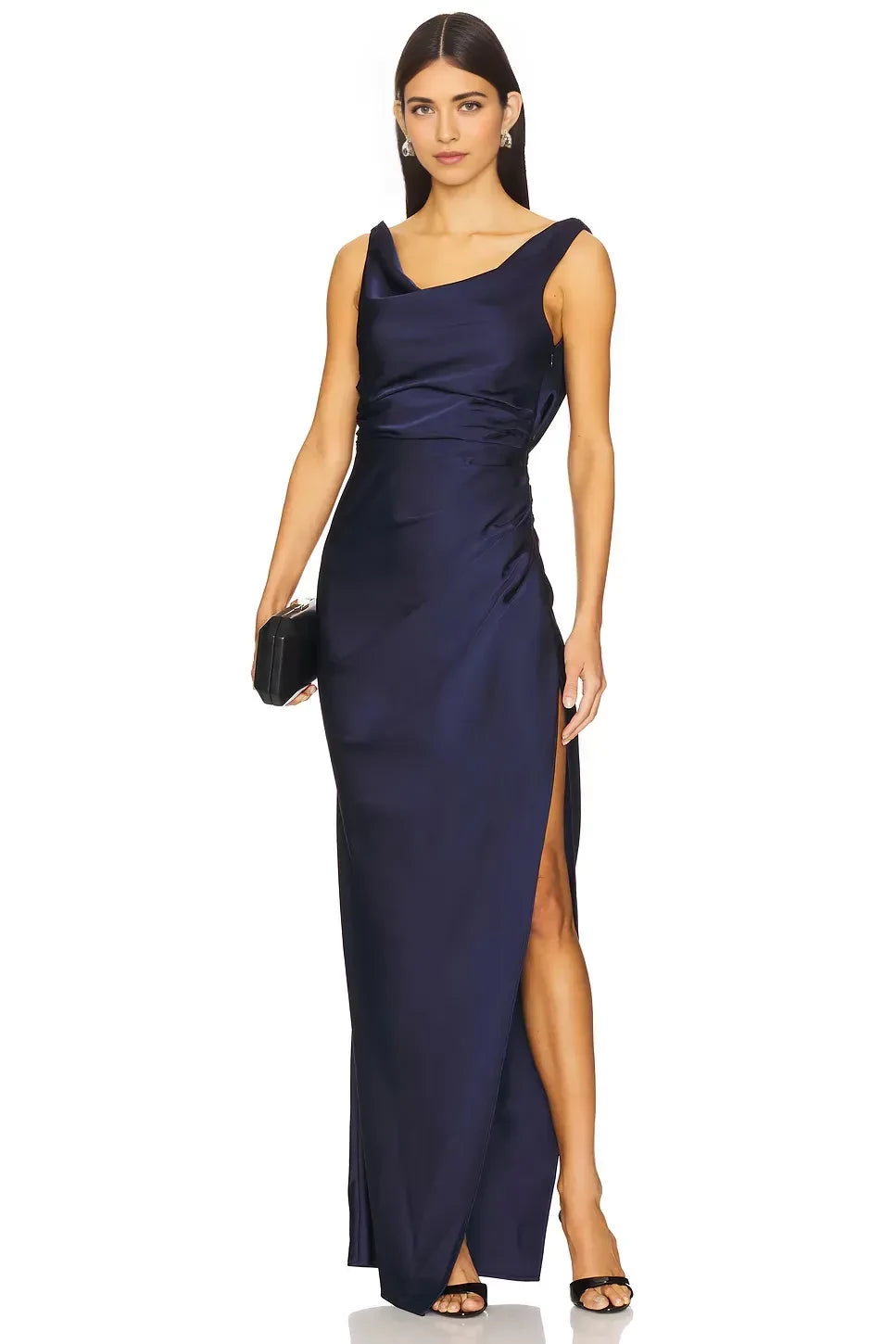 Luxe Sheath Cowl Neck Sleeveless Tie Back High Slit Floor Length Prom Dress