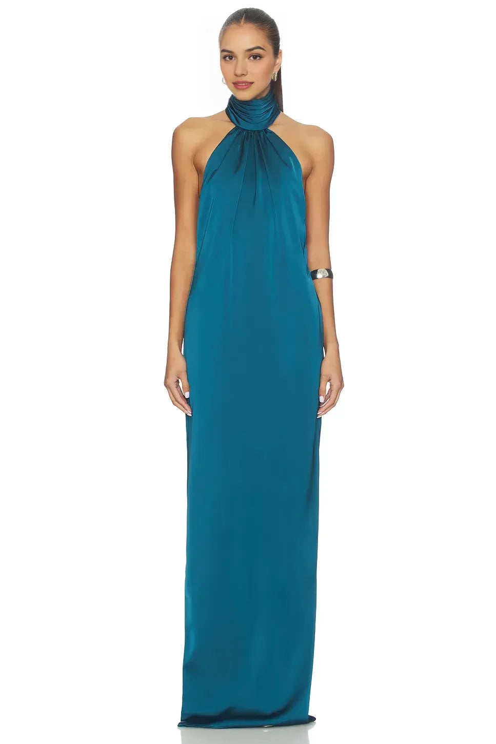 Luxe Sheath Halter Neck Sleeveless Draped Back Floor Length Evening Dress