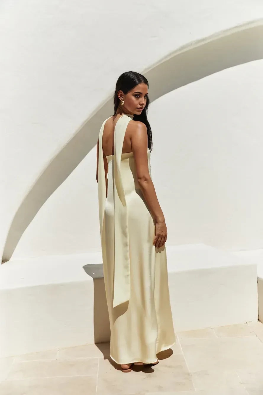 Luxe Sheath Halter Neck Sleeveless Draped Back Floor Length Prom Dress