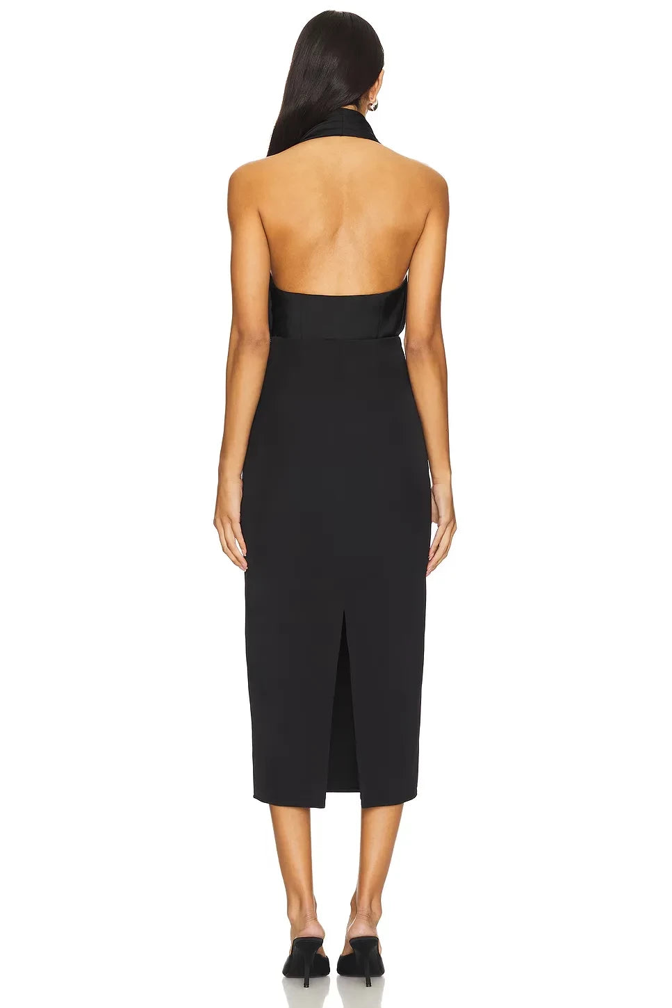 Luxe Sheath Halter Neck Sleeveless Open Back High Slit Midi Length Prom Dress