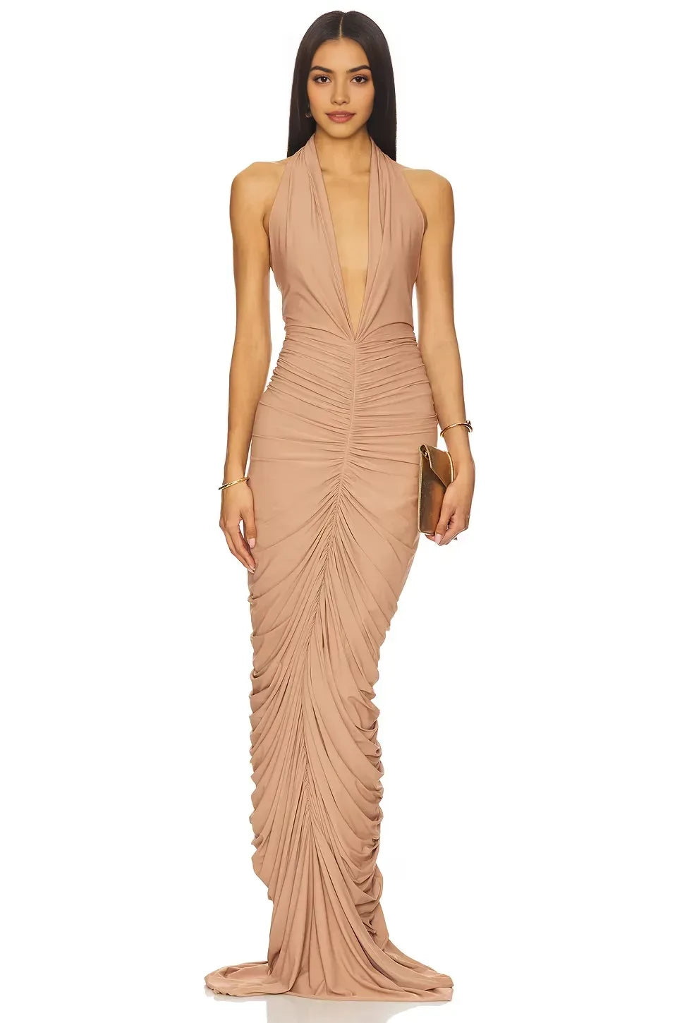 Luxe Sheath Halter Neck Sleeveless Ruched Back Floor Length Prom Dress