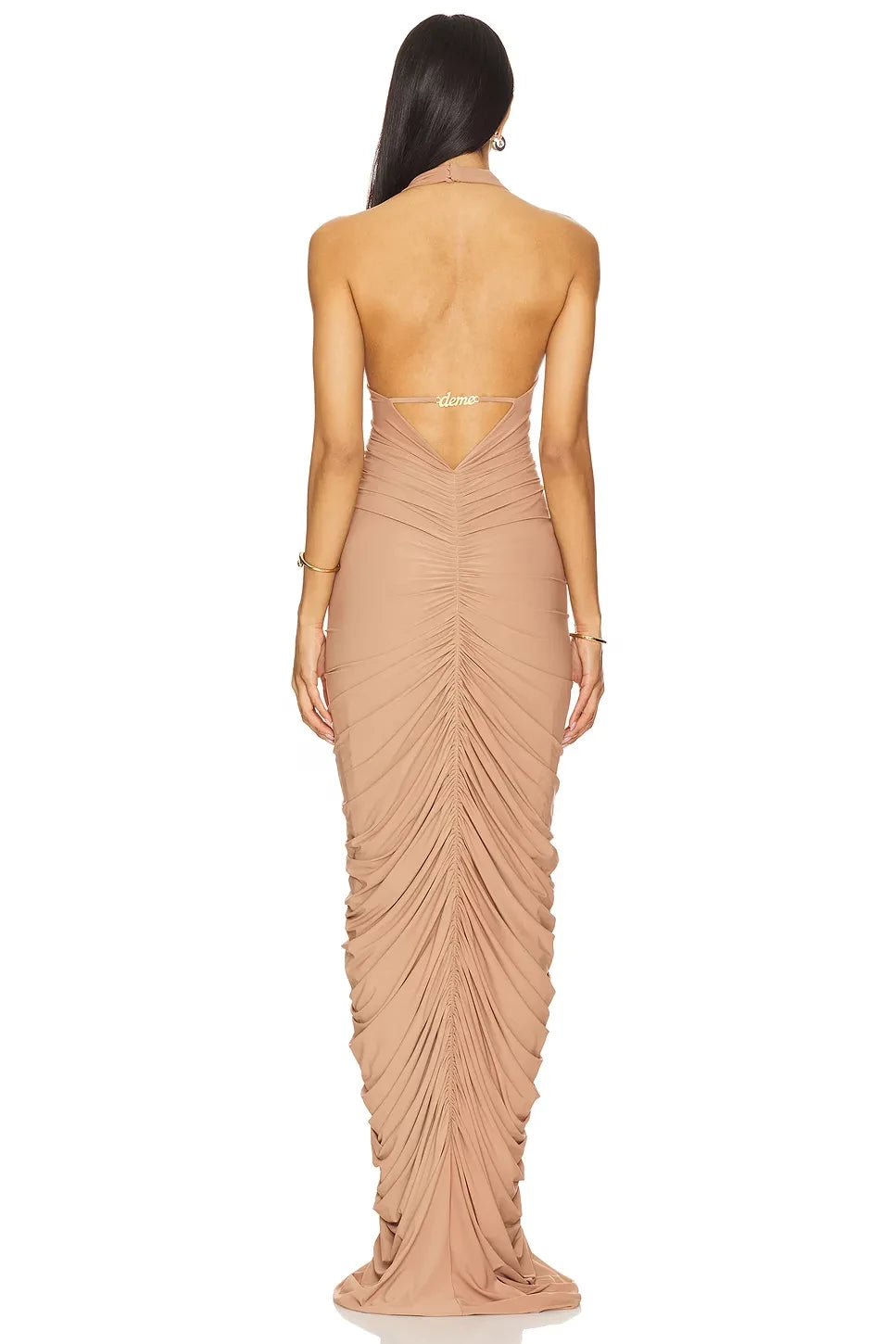 Luxe Sheath Halter Neck Sleeveless Ruched Back Floor Length Prom Dress