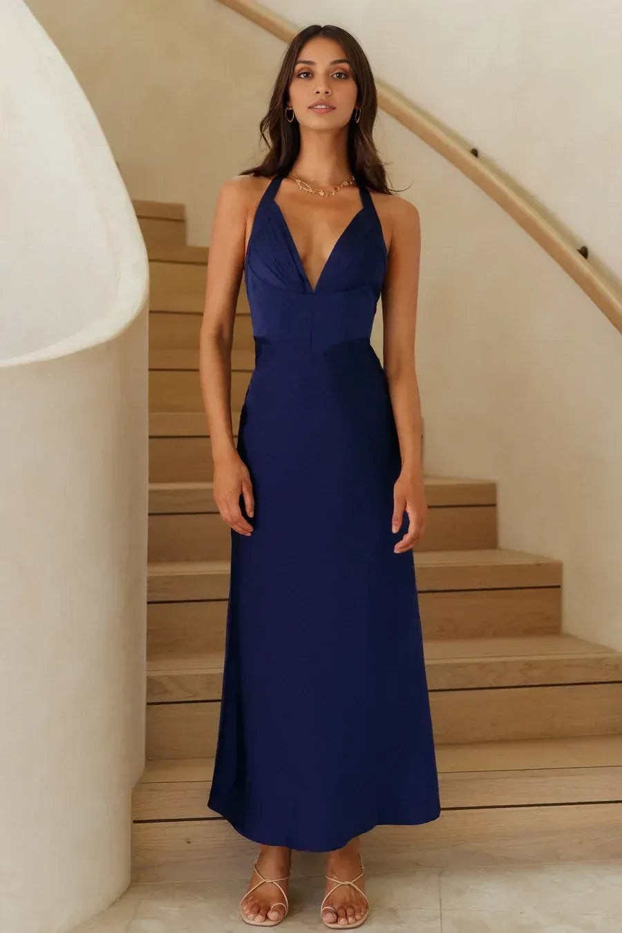 Luxe Sheath Halter Neck Sleeveless Tie Back Floor Length Prom Dress