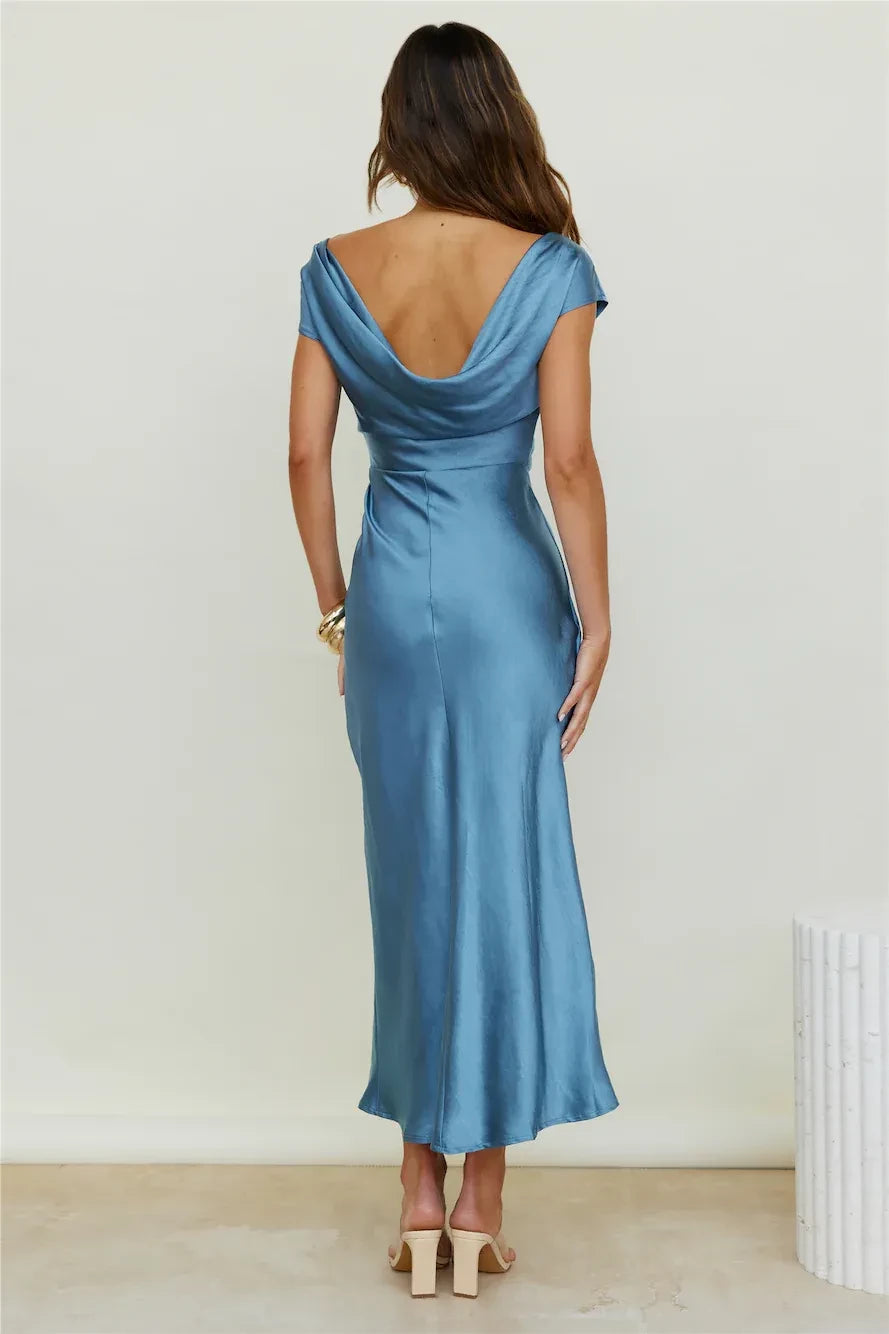 Luxe Sheath Off Shoulder Cap Sleeve Cowl Back Midi Length Prom Dress