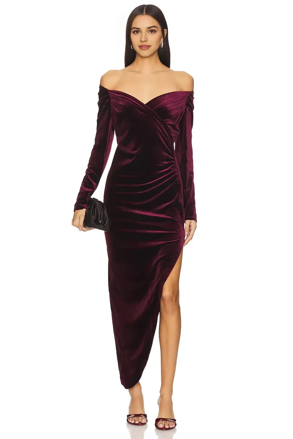 Luxe Sheath Off Shoulder Long Sleeve Asymmetric High Slit Midi Length Prom Dress