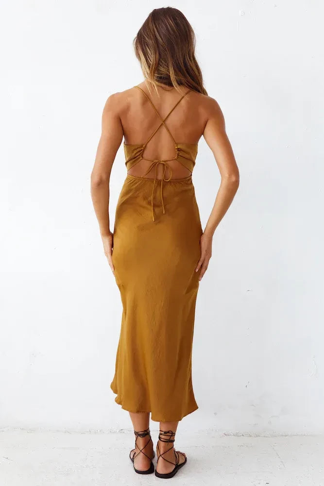 Luxe Sheath Plunge Neck Sleeveless Cross Back Midi Length Prom Dress