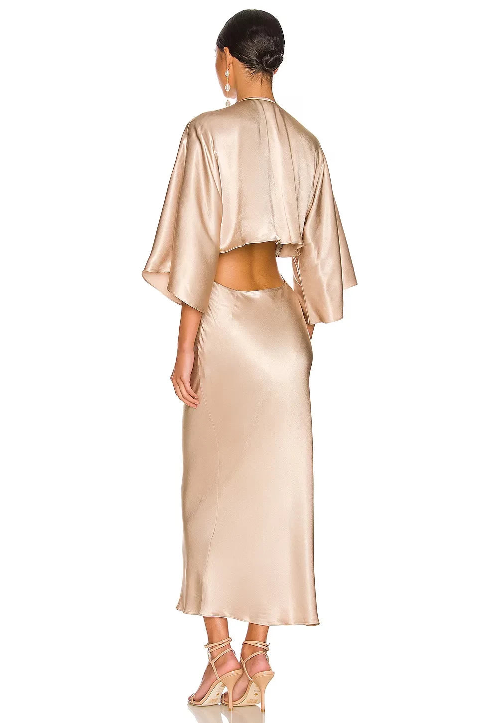 Luxe Sheath Plunge V Neck Kimono Sleeve Tie Back Midi Length Evening Dress