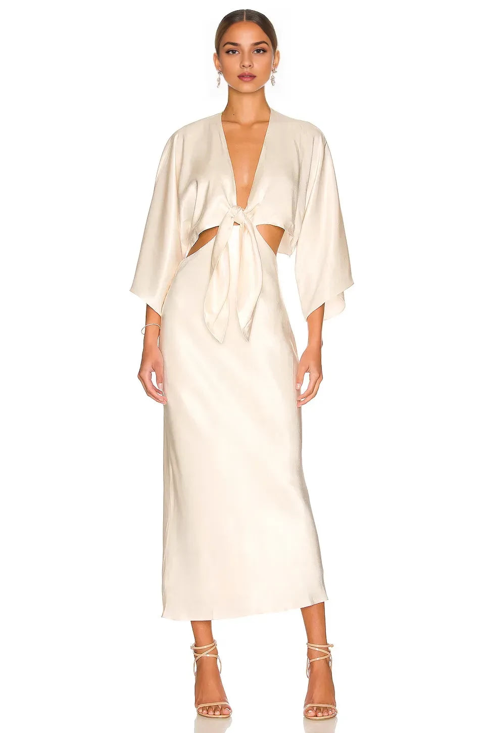 Luxe Sheath Plunge V Neck Kimono Sleeve Tie Back Midi Length Evening Dress