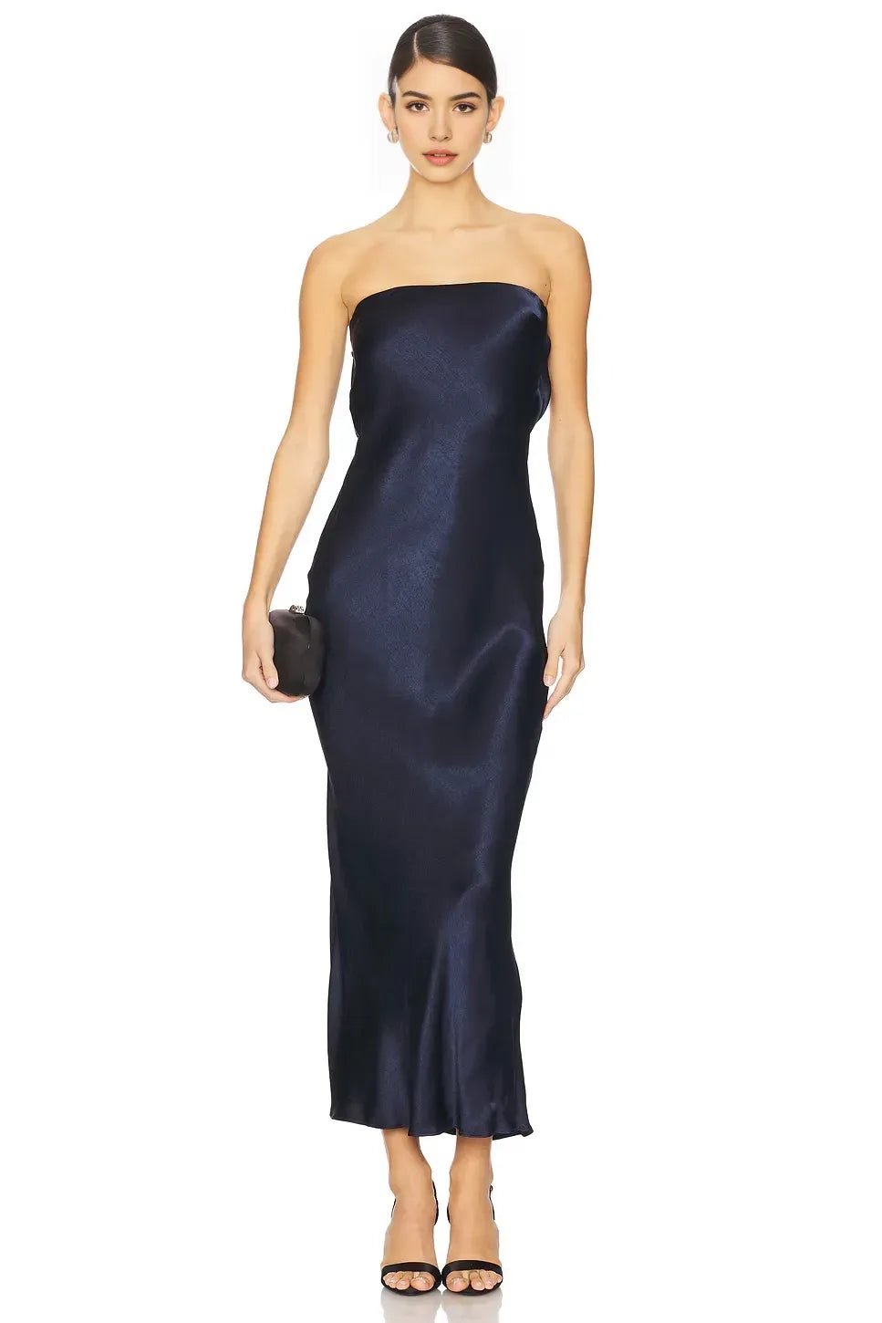 Luxe Sheath Strapless Sleeveless Draped Back Midi Length Prom Dress