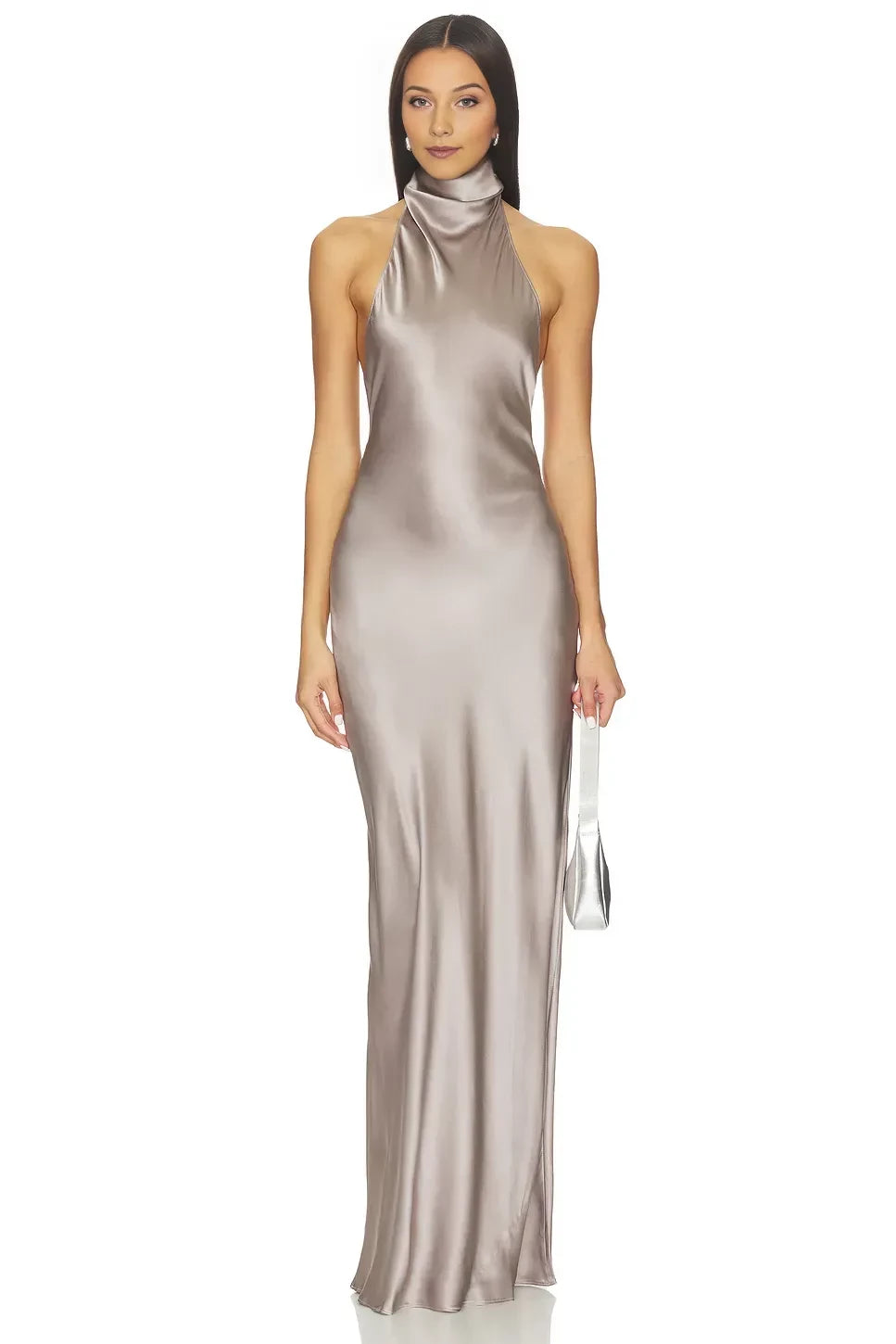 Luxe Sheath Turtleneck Halter Sleeveless Draped Back Floor Length Prom Dress