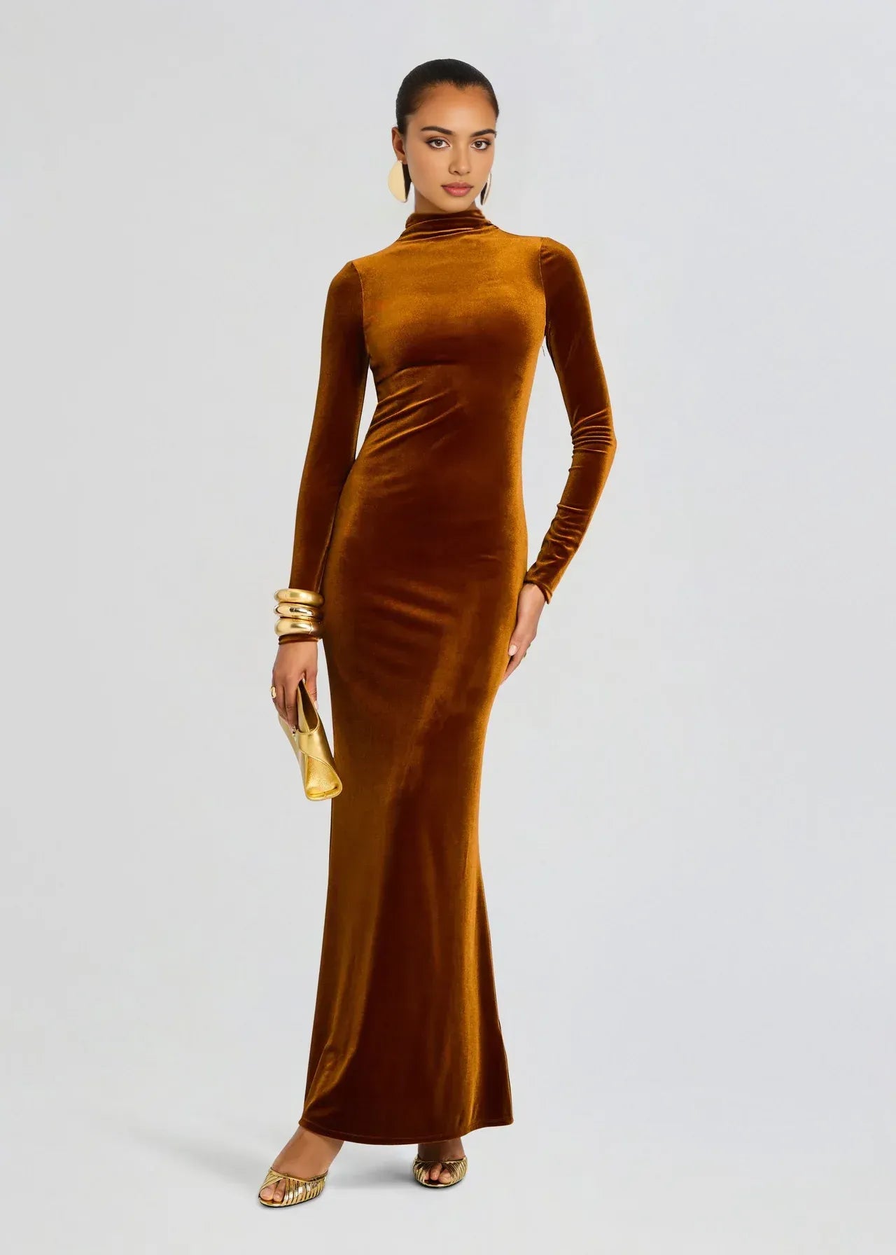 Luxe Sheath Turtleneck Long Sleeve Back Zip Floor Length Plus Size Evening Dress