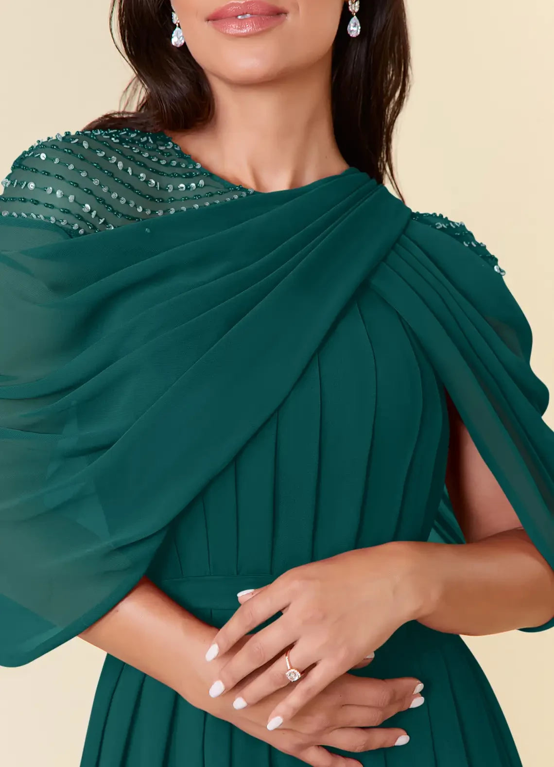 Luxurious A Line Boat Neck Draped Sleeve Bow Back Floor Length Mother of the Bride Dress