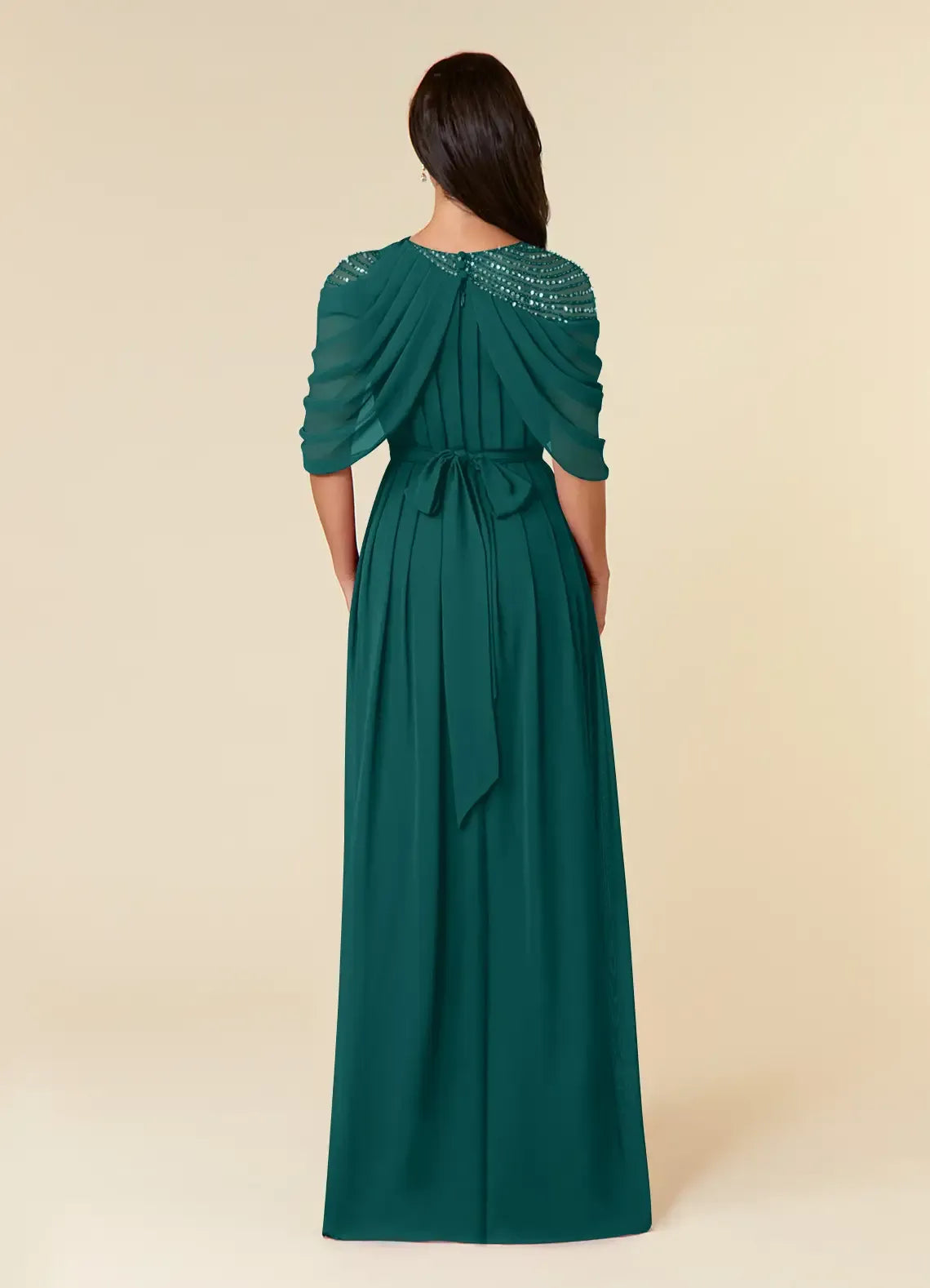 Luxurious A Line Boat Neck Draped Sleeve Bow Back Floor Length Mother of the Bride Dress