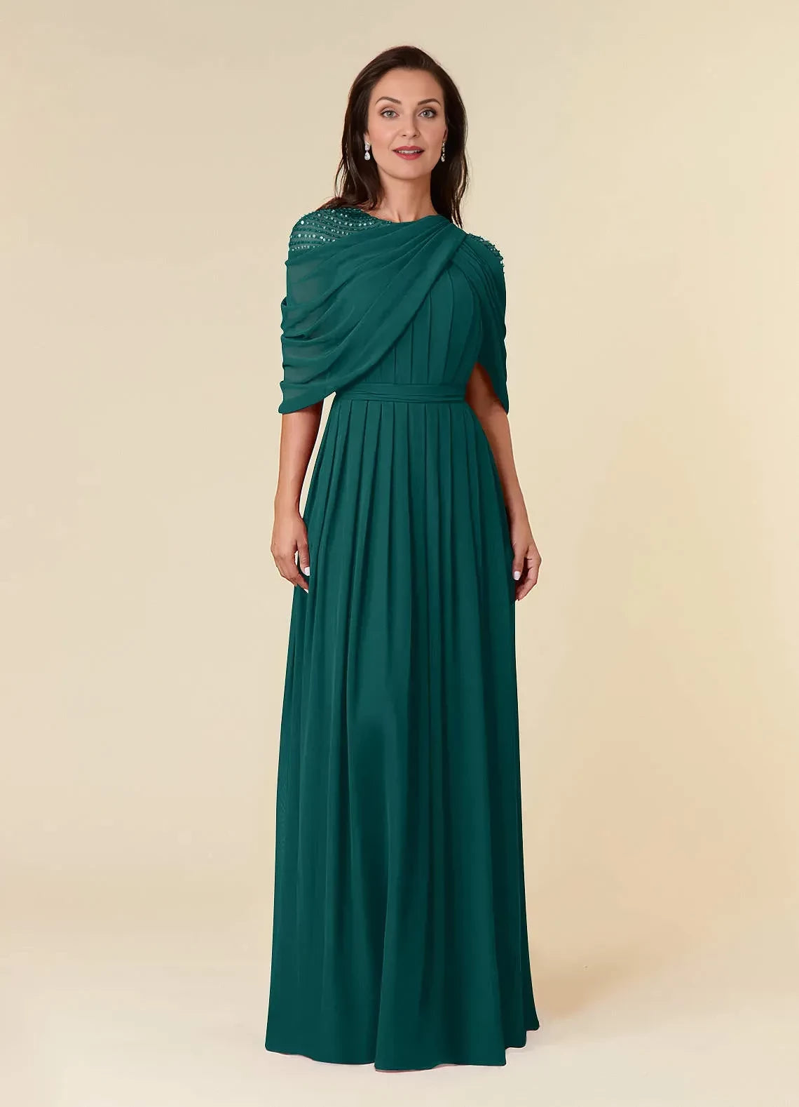 Luxurious A Line Boat Neck Draped Sleeve Bow Back Floor Length Mother of the Bride Dress