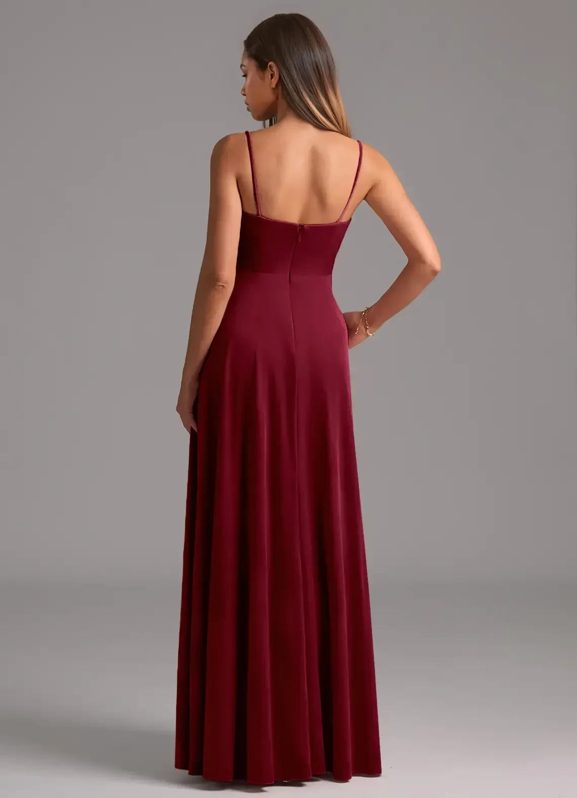 Luxurious A Line Cowl Neck Spaghetti Strap Open Back Floor Length Bridesmaid Dress