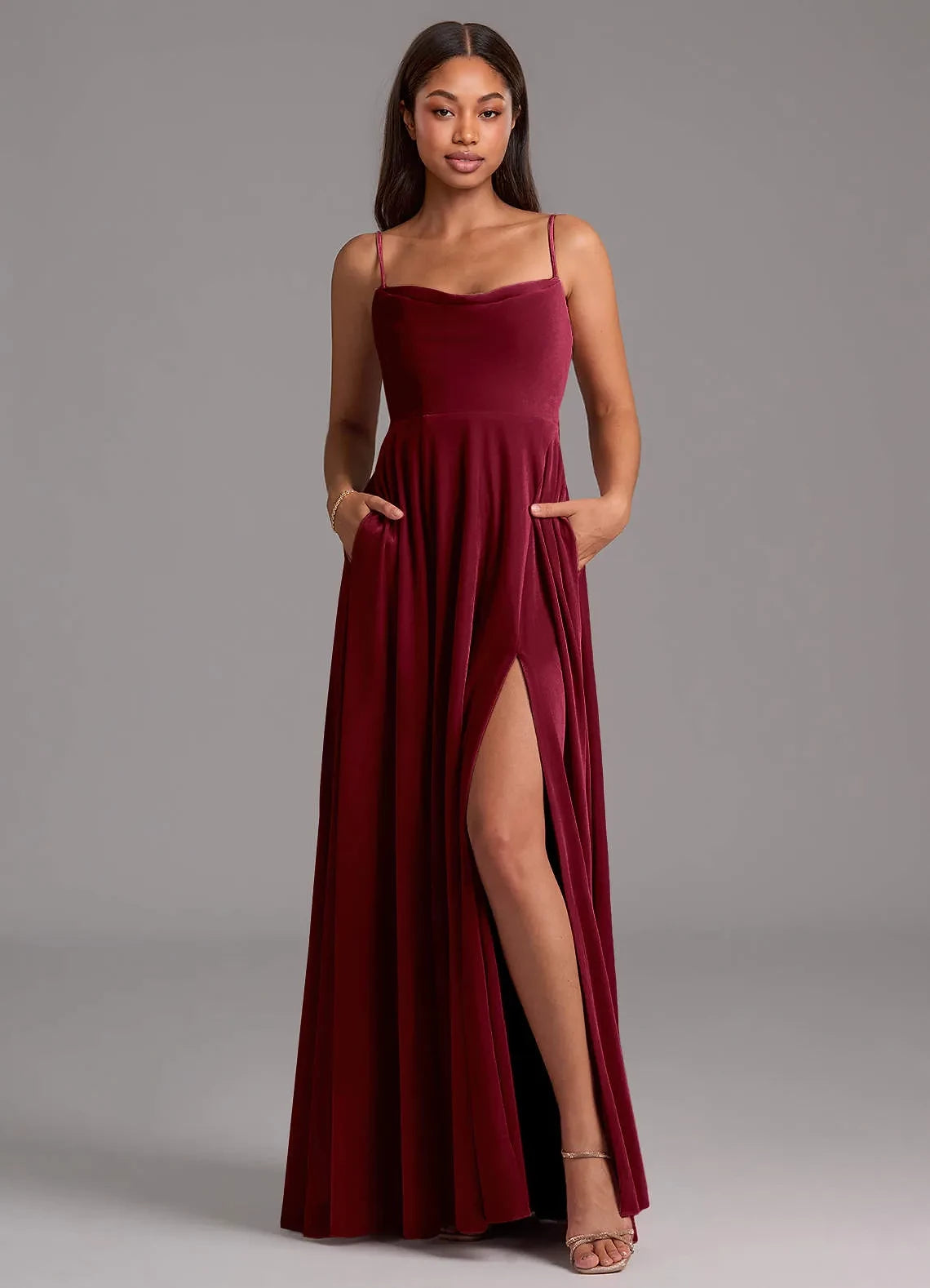 Luxurious A Line Cowl Neck Spaghetti Strap Open Back Floor Length Bridesmaid Dress
