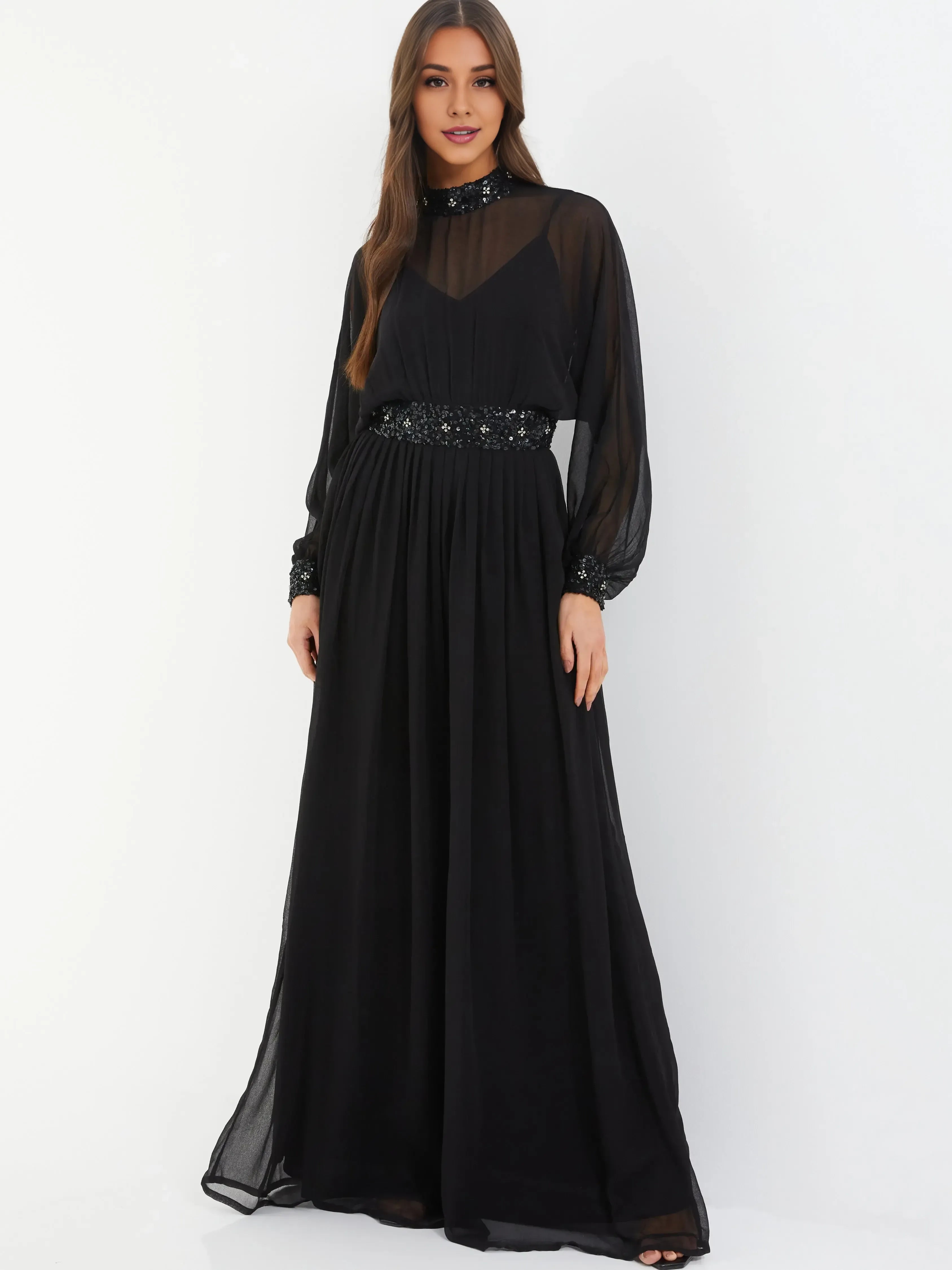 Luxurious A Line High Neck Long Sleeve Embellished Back Floor Length Evening Dress