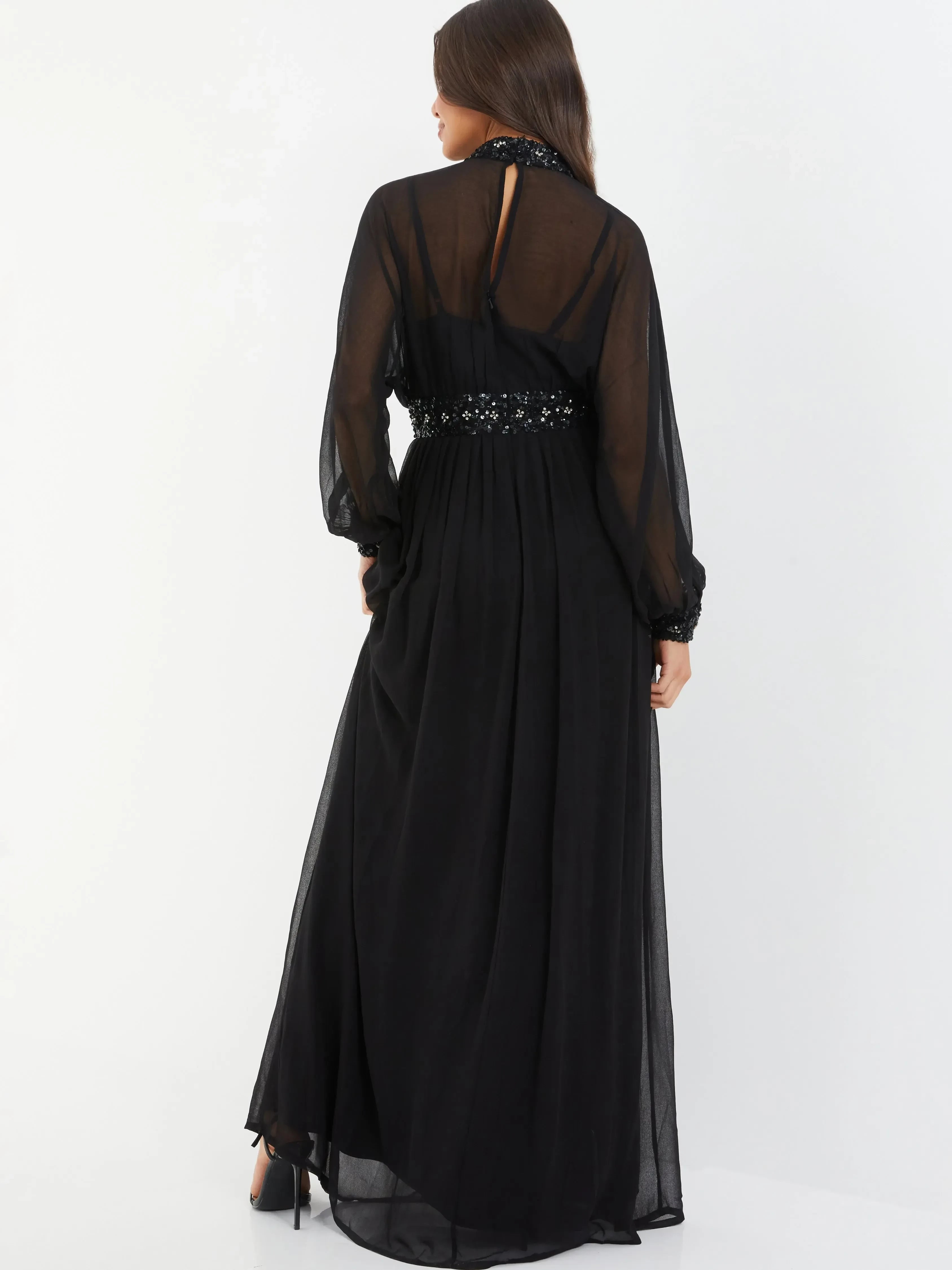 Luxurious A Line High Neck Long Sleeve Embellished Back Floor Length Evening Dress