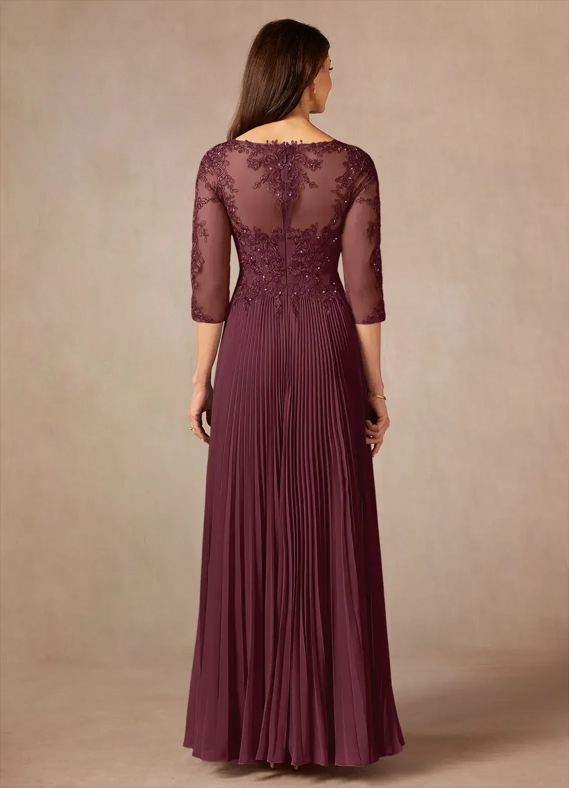 Luxurious A Line Illusion Neck Three Quarter Sleeve Zipper Back Floor Length Mother of the Bride Dress