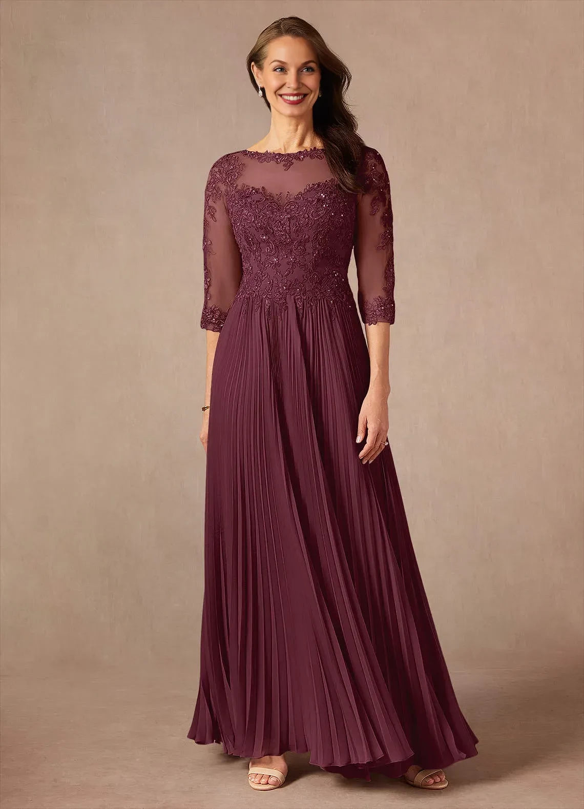 Luxurious A Line Illusion Neck Three Quarter Sleeve Zipper Back Floor Length Mother of the Bride Dress