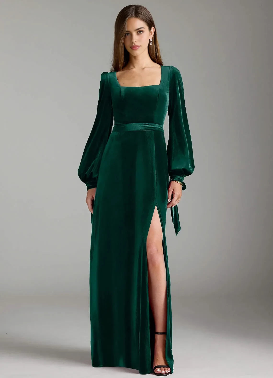 Luxurious A Line Square Neck Bishop Sleeve Tie Back Floor Length Bridesmaid Dress ﻿