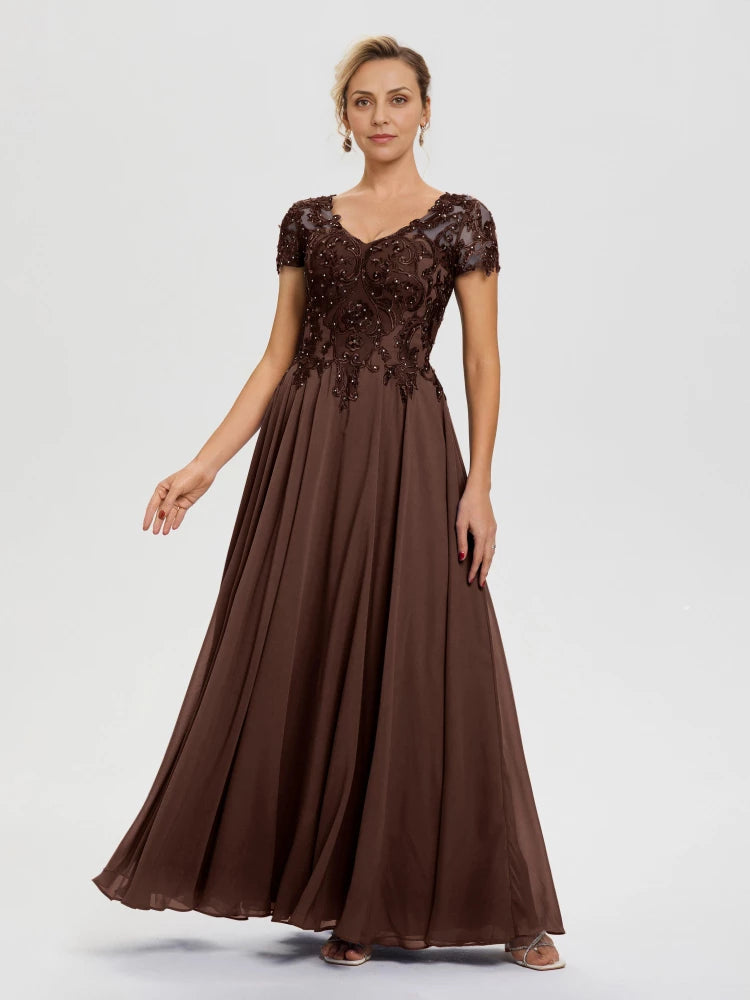Luxurious A Line Sweetheart Neck Cap Sleeve Lace Back Floor Length Mother of the Bride Dress