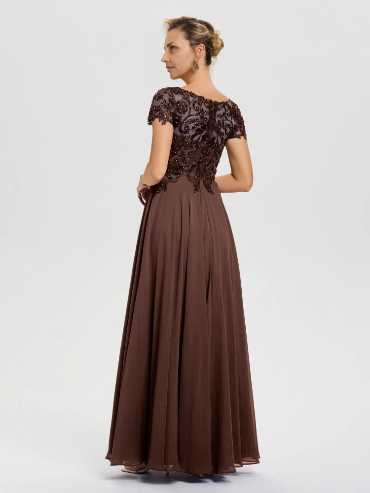 Luxurious A Line Sweetheart Neck Cap Sleeve Lace Back Floor Length Mother of the Bride Dress