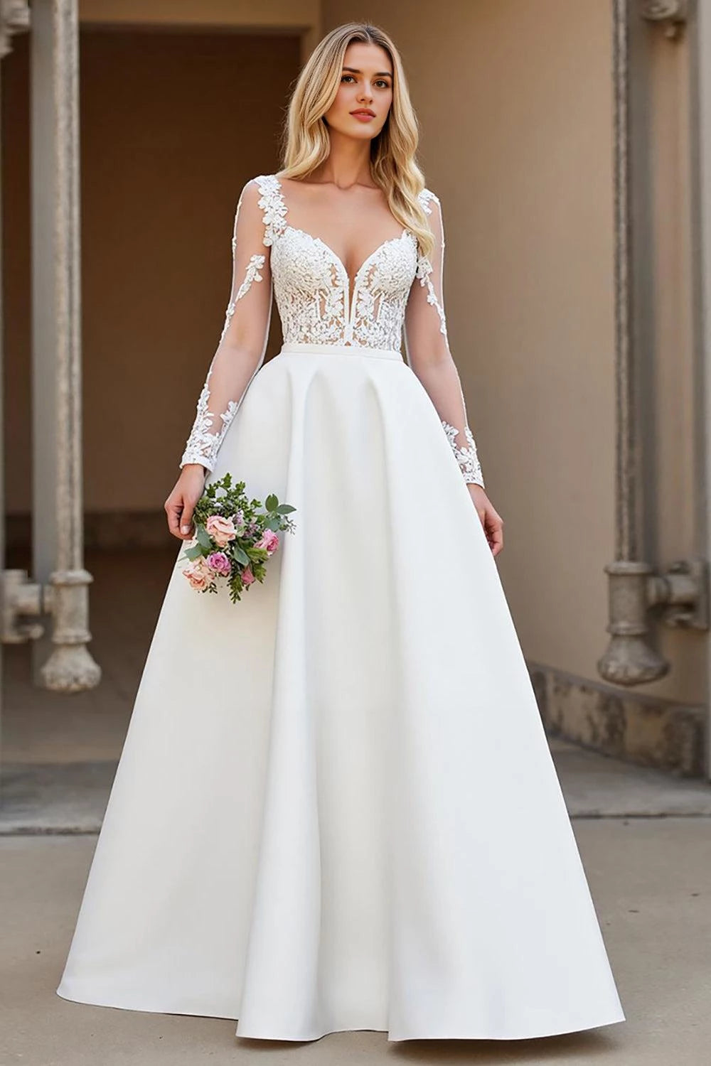 Luxurious Deep V Neck Lace Long Sleeve Open Back Floor Length Wedding Dress