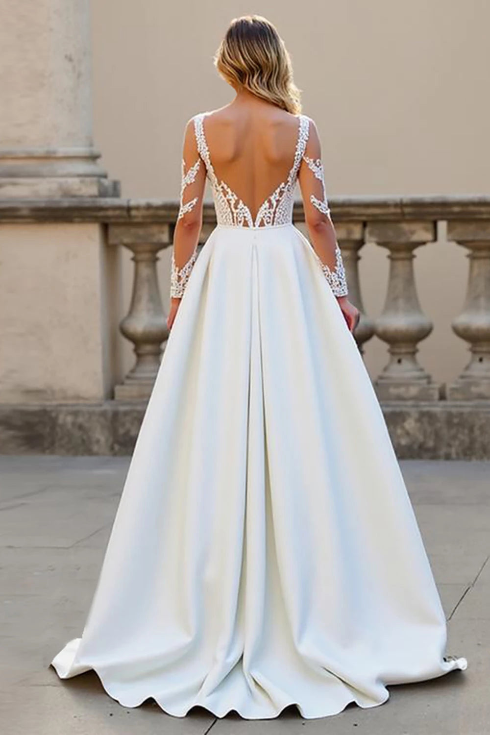Luxurious Deep V Neck Lace Long Sleeve Open Back Floor Length Wedding Dress