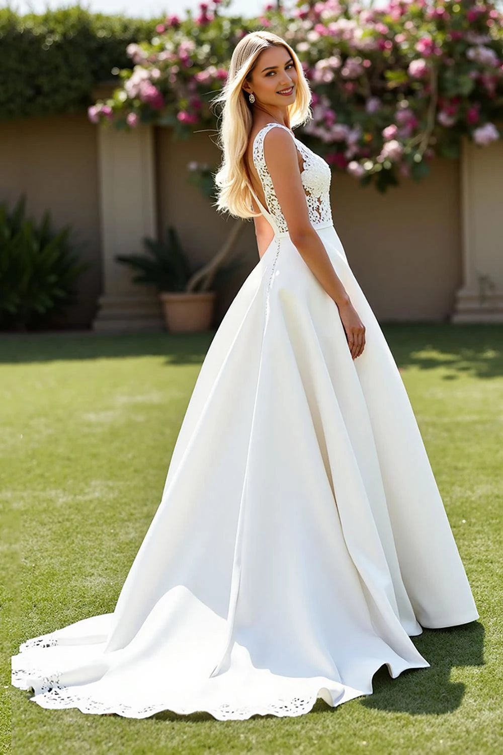 Luxurious Ball Gown Deep V Neck Sleeveless Lace Back Floor Length Wedding Dress