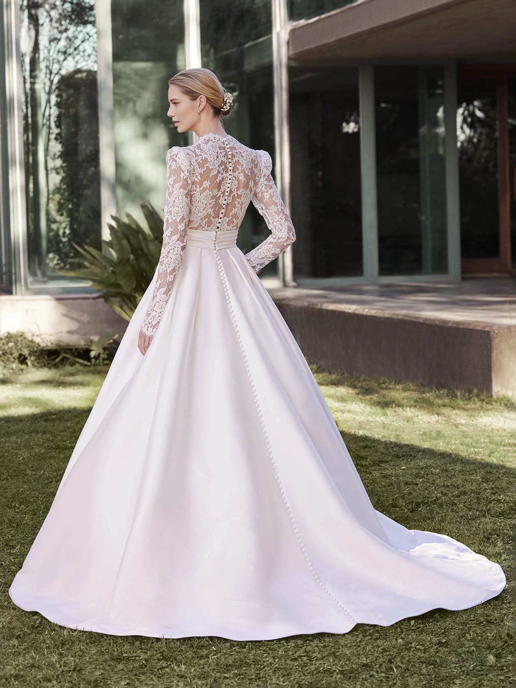 Luxurious Ball Gown V Neck Long Sleeve Button Back Floor Length Wedding Dress